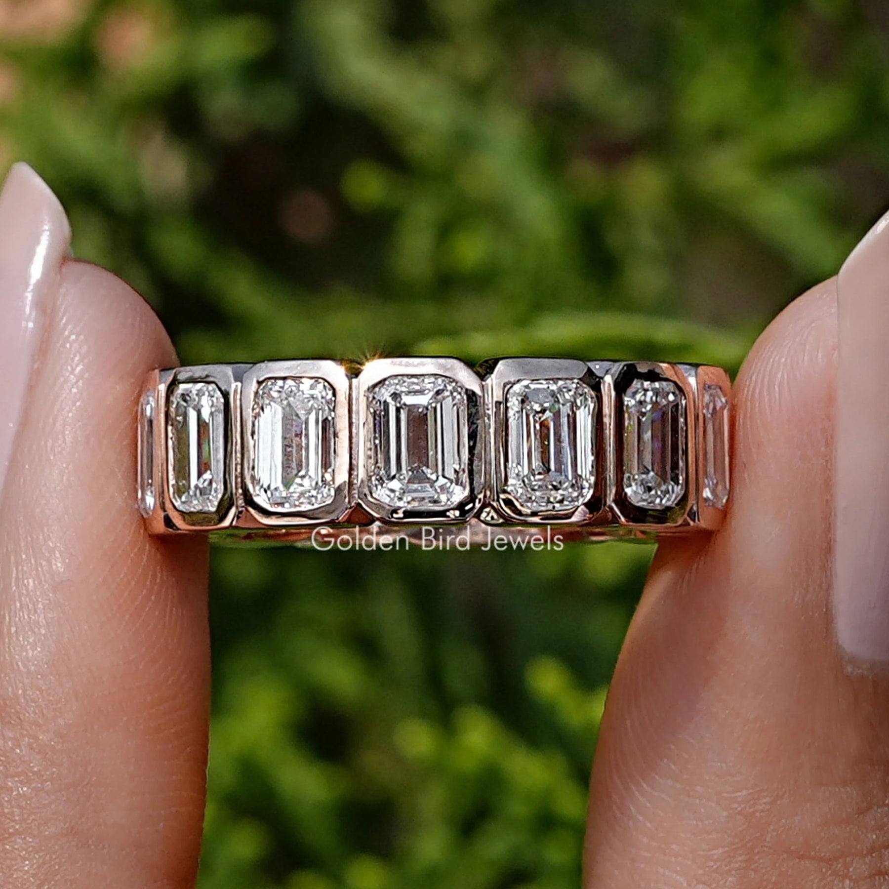 Emerald Cut Lab Diamond Bezel Set Eternity Band