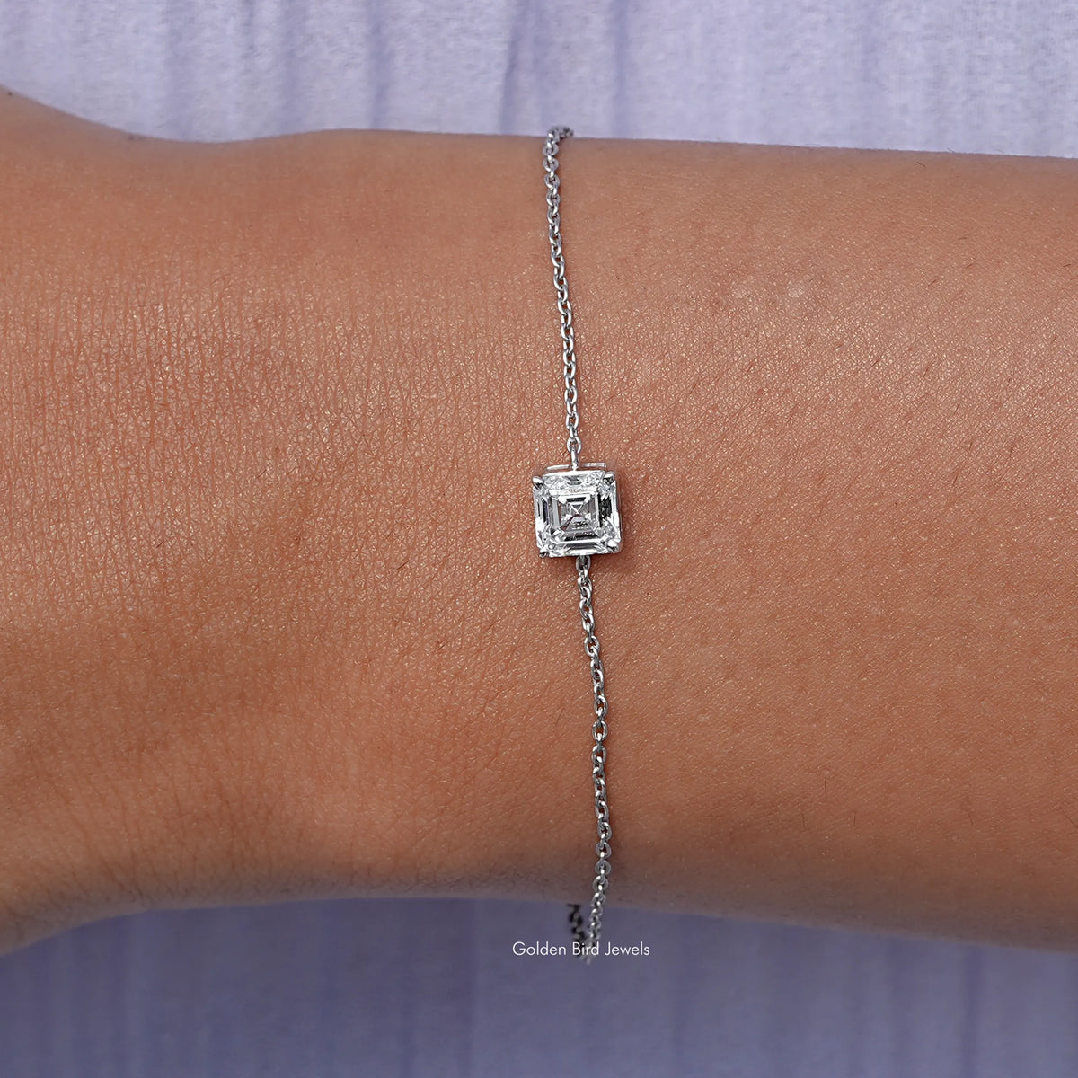 Close up View of Asscher Lab Diamond Delicate Chain Bracelet