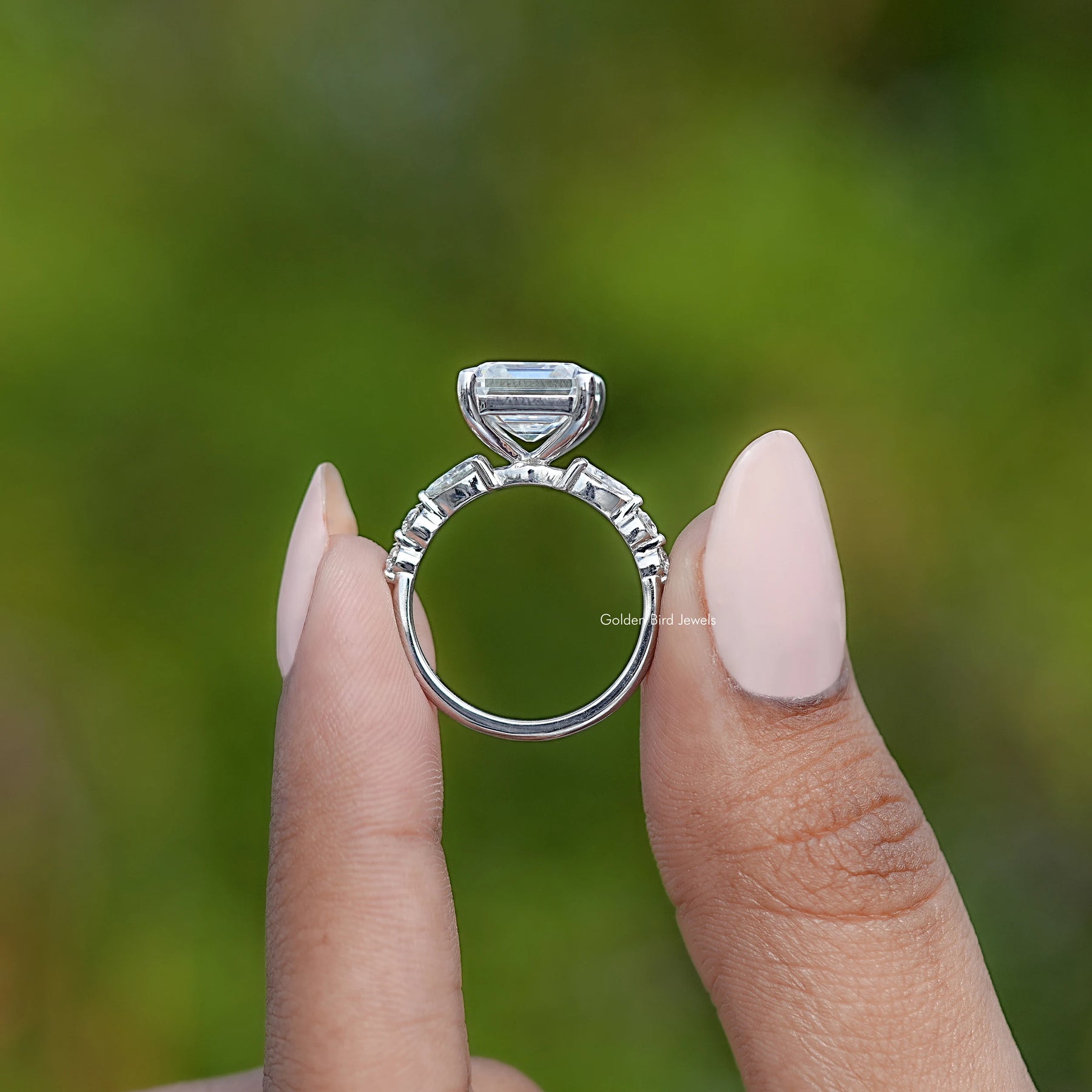 Colorless Old Mine Asscher Moissanite Accent Ring