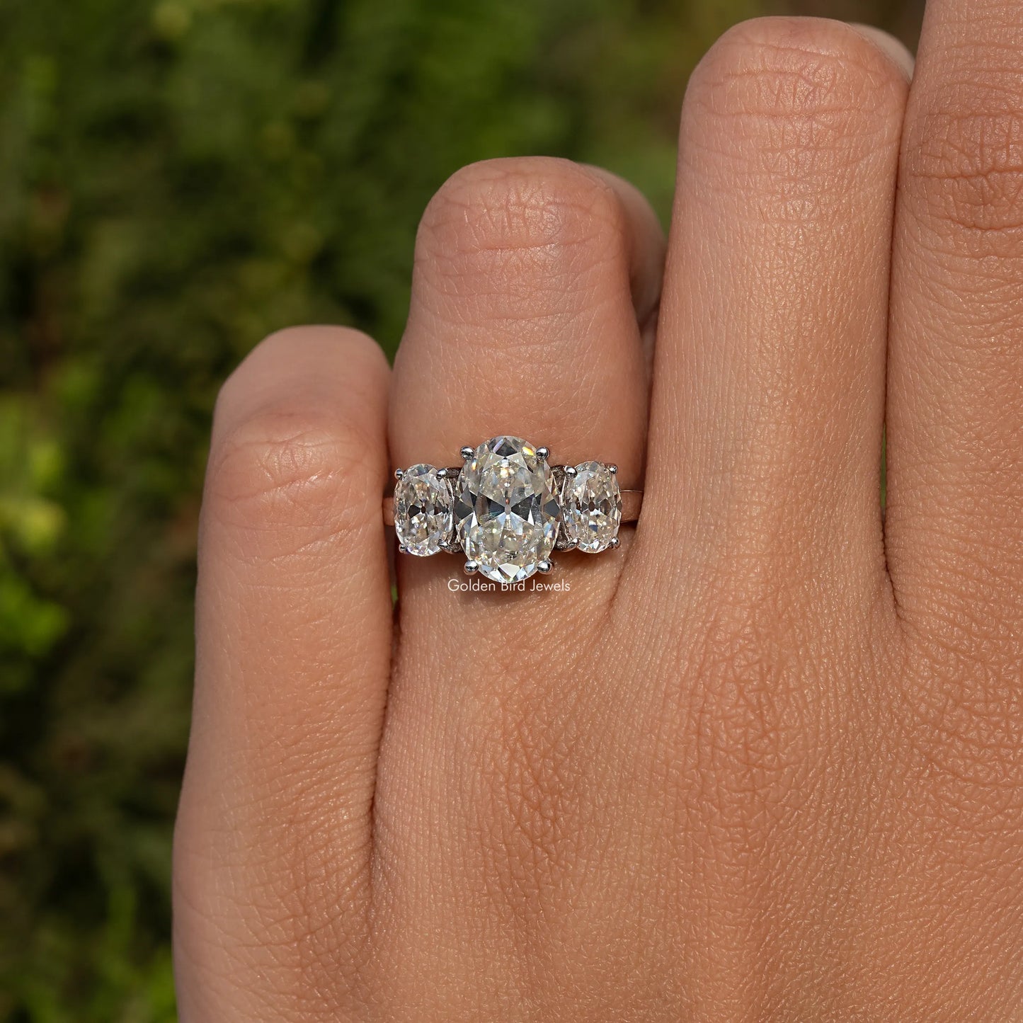 Old Mine Oval Three Stone Moissanite Engagement Ring