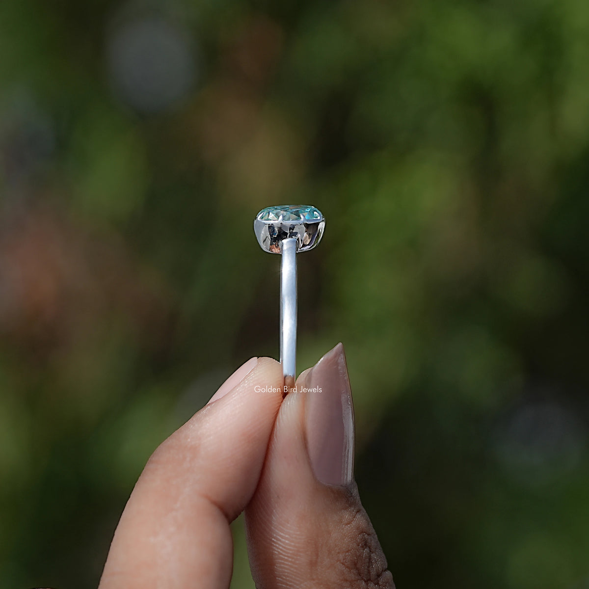 Blue Old Mine Oval Moissanite Solitaire Ring