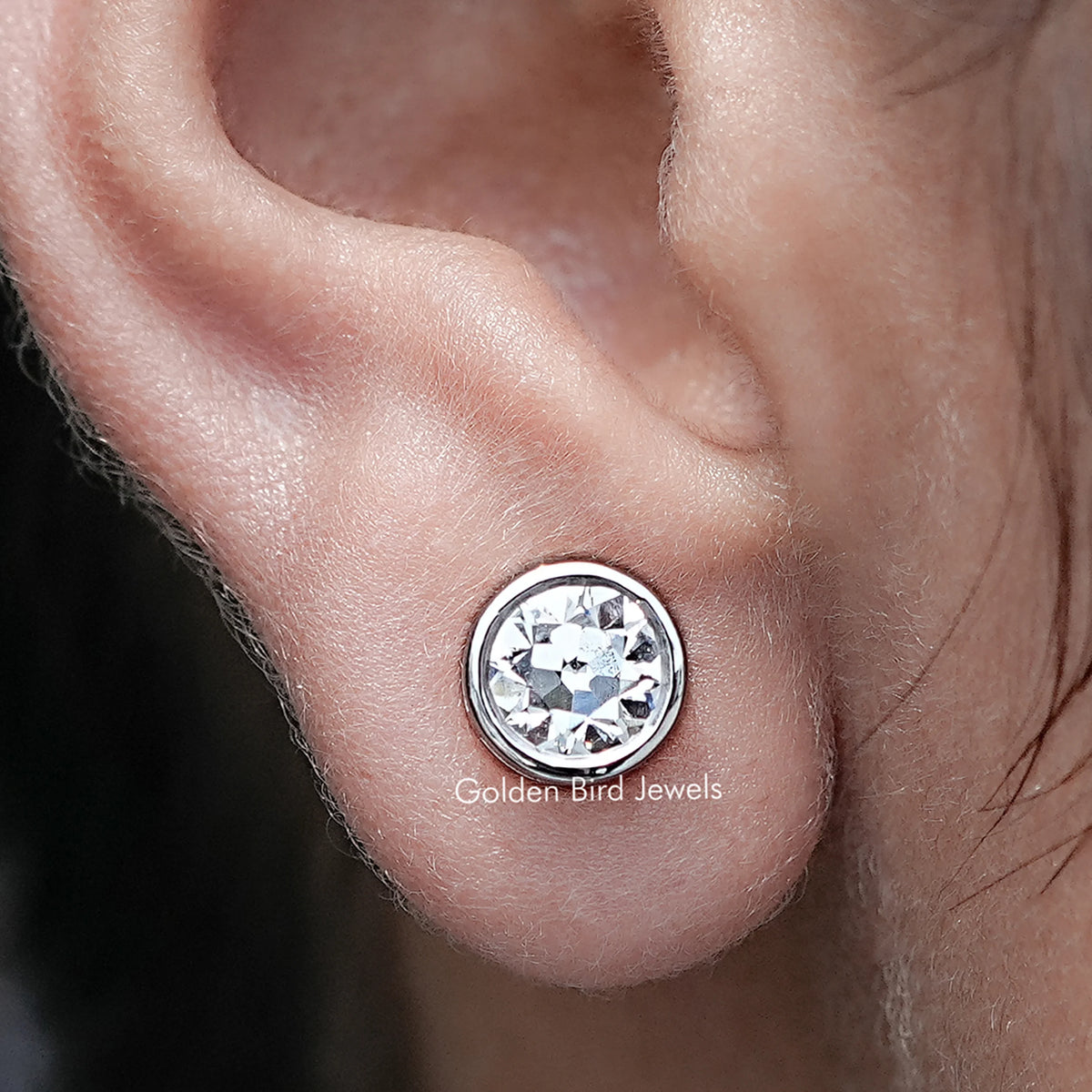 Close up view of Old European Cut Round Lab Diamond Stud Earrings