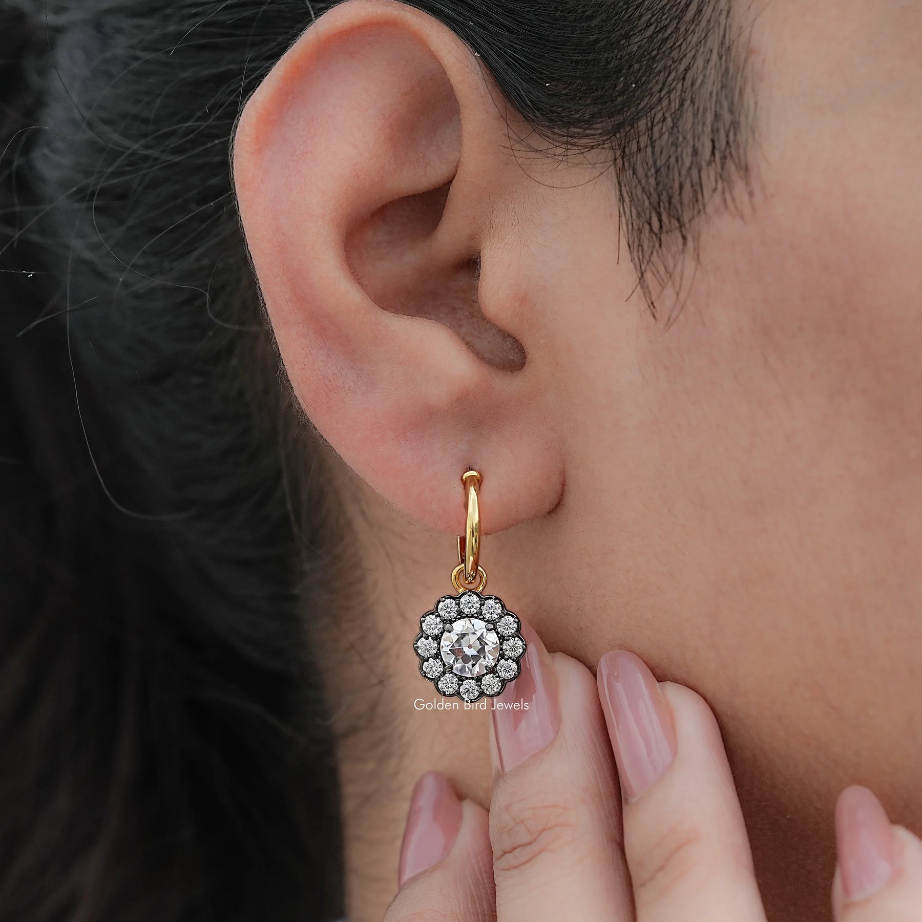 Old European Round Moissanite Halo Dangle Earrings
