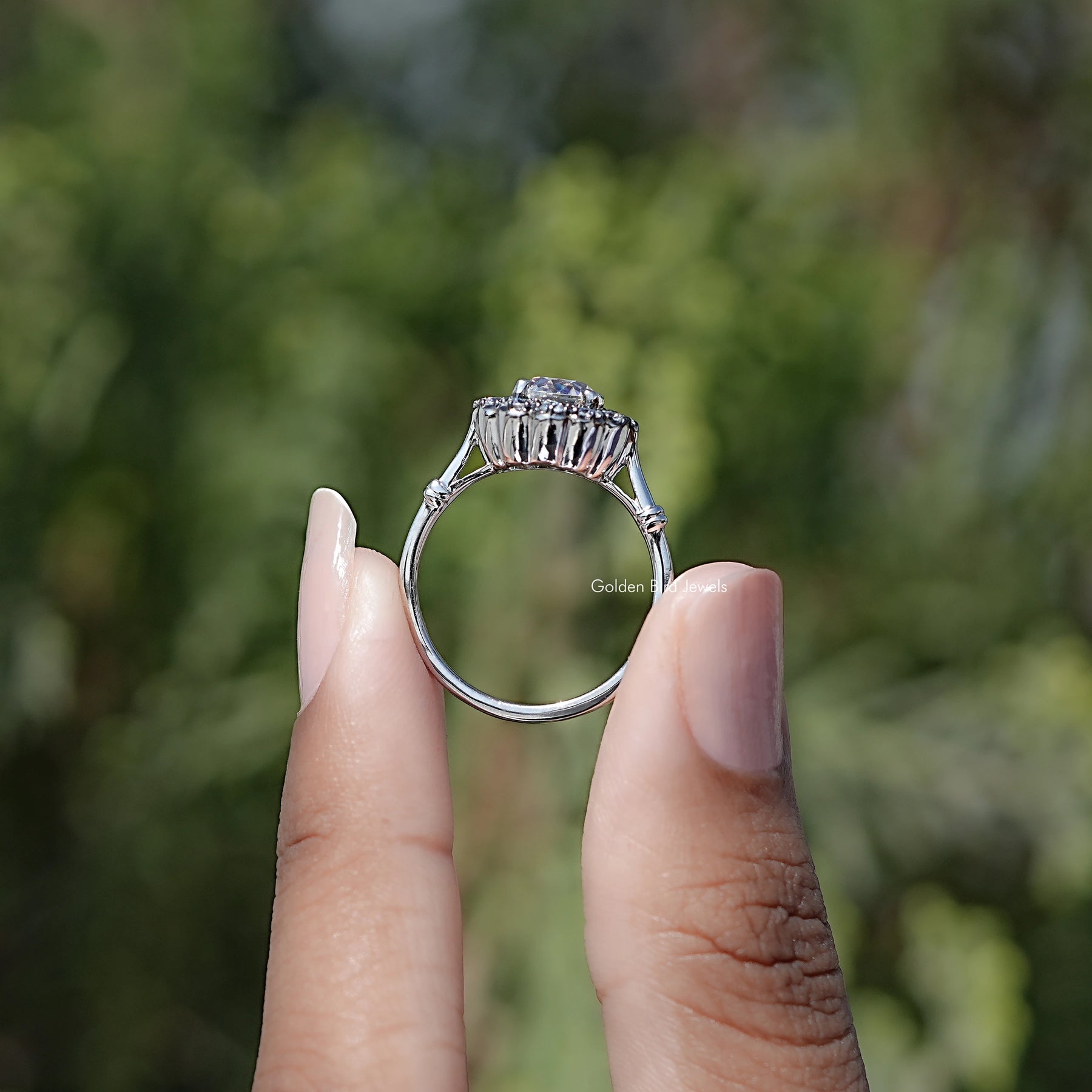 Back view of Round Moissanite Halo Ring in secure setting