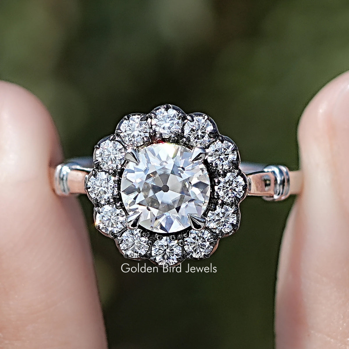 Front view of Old European Cut Round Moissanite Halo Ring