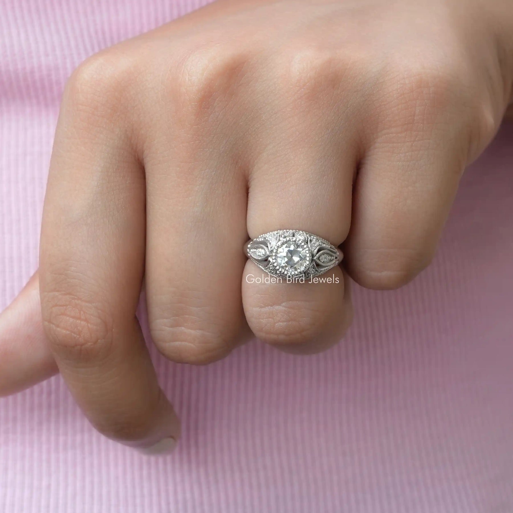 View of Old European Round Cut Ring In 14K White Gold