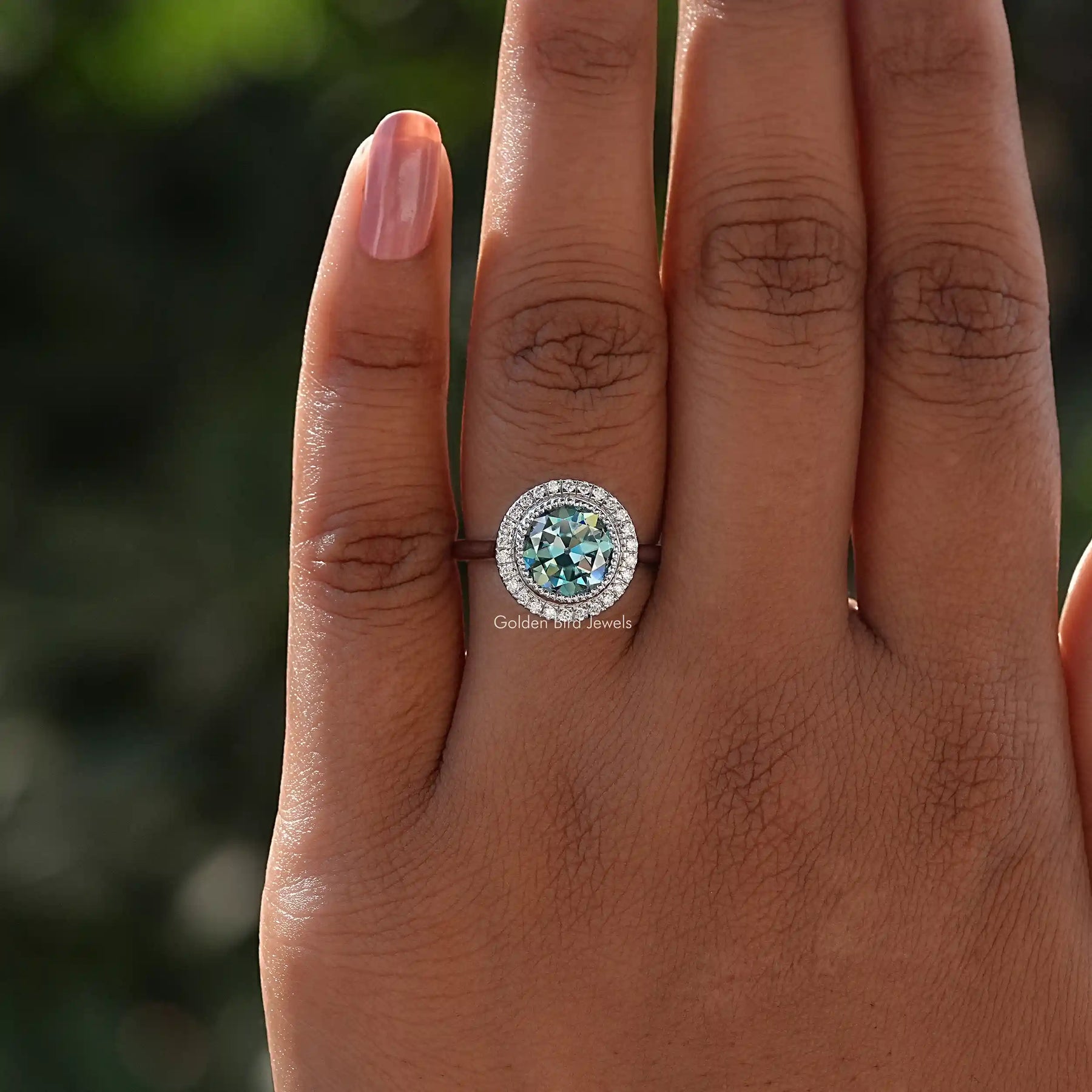 Close-Up View of Round Cut Halo Bridal Ring In White Gold