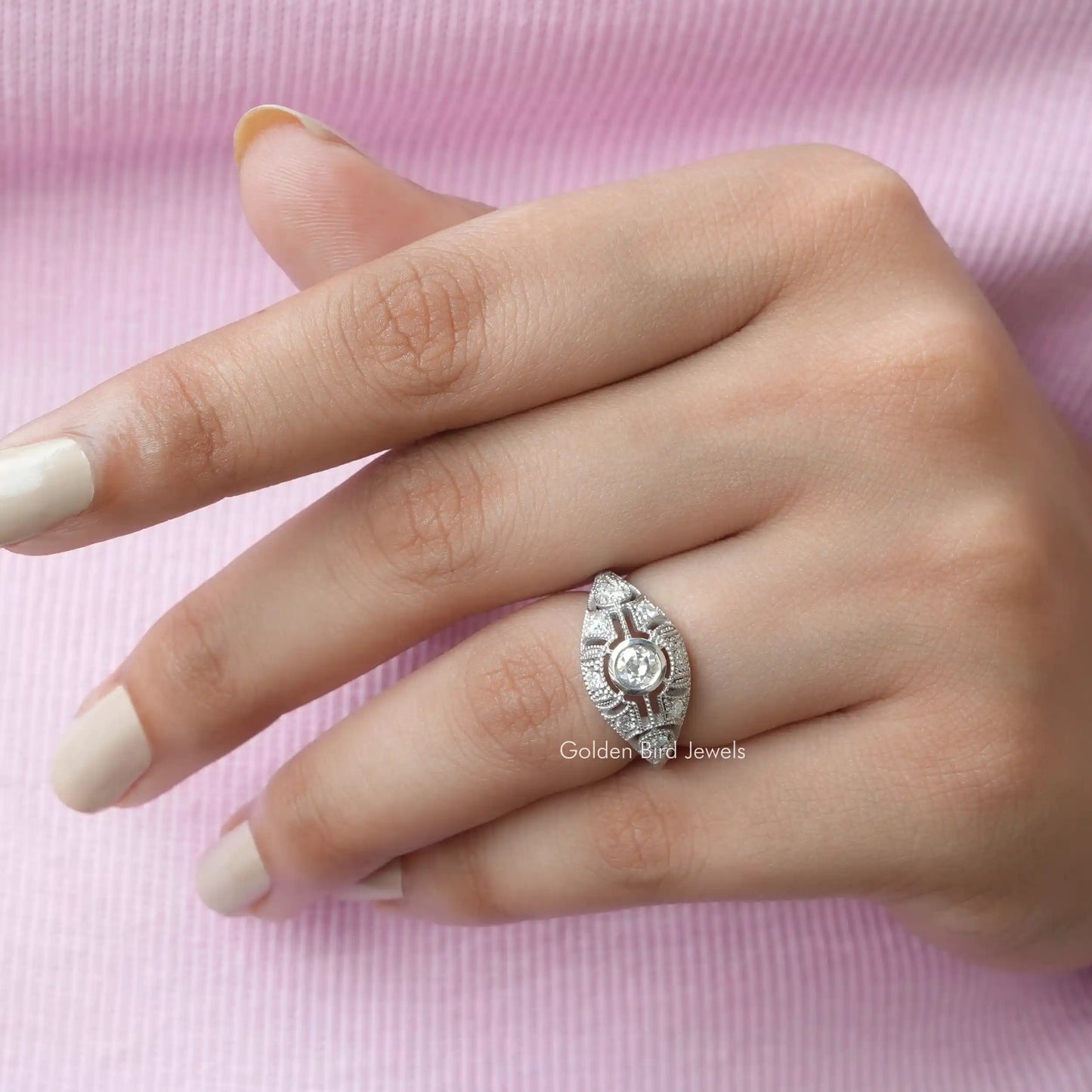 Detailed View Of Old European Round Cut Ring In White Gold