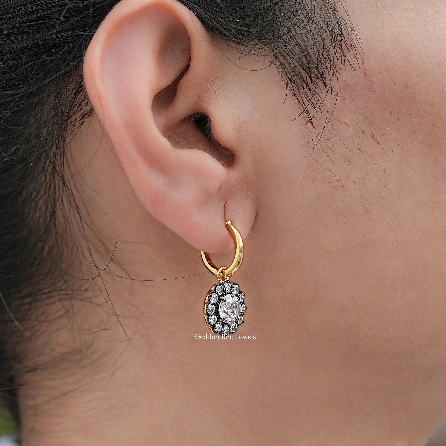 Old European Round Moissanite Halo Dangle Earrings