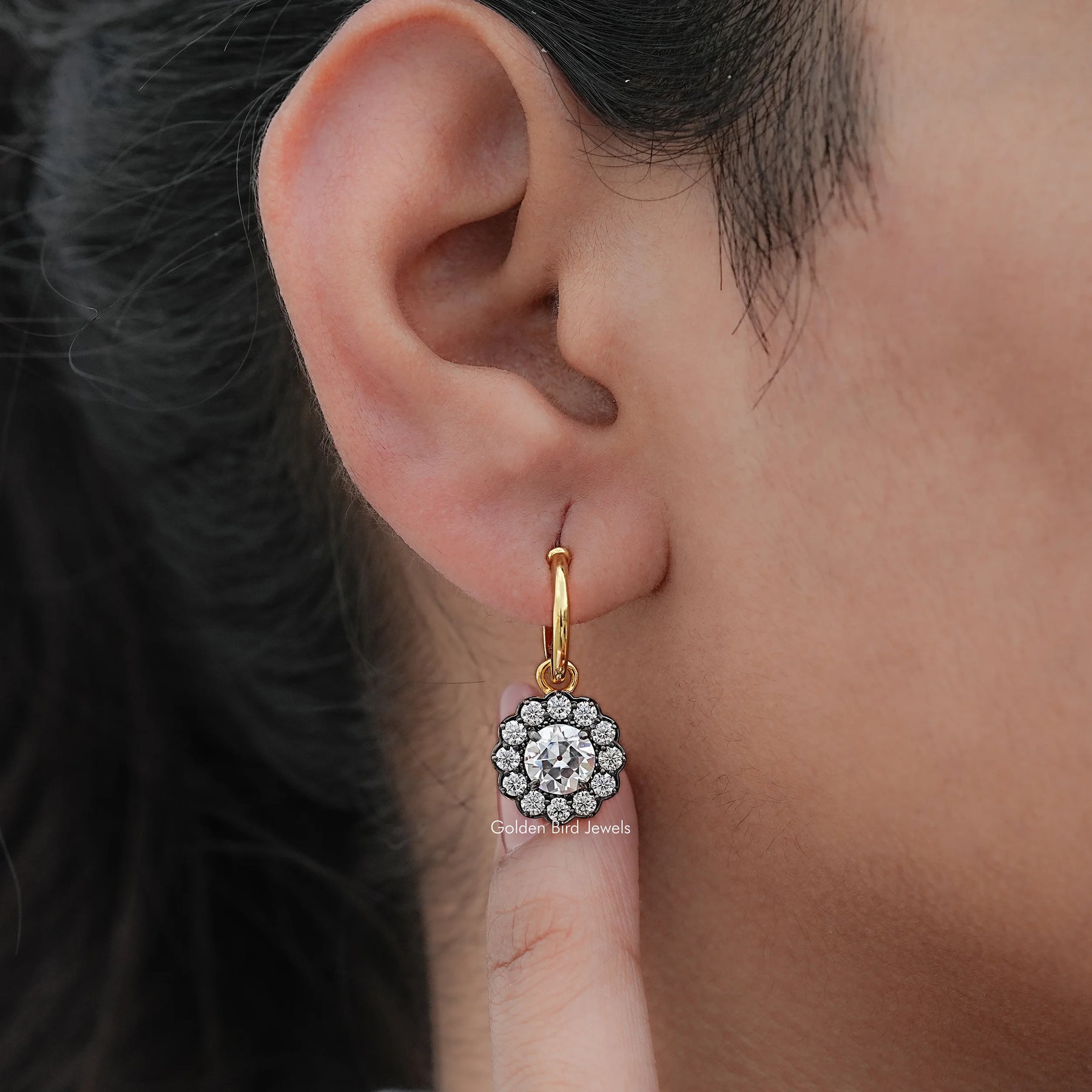Old European Round Moissanite Halo Dangle Earrings