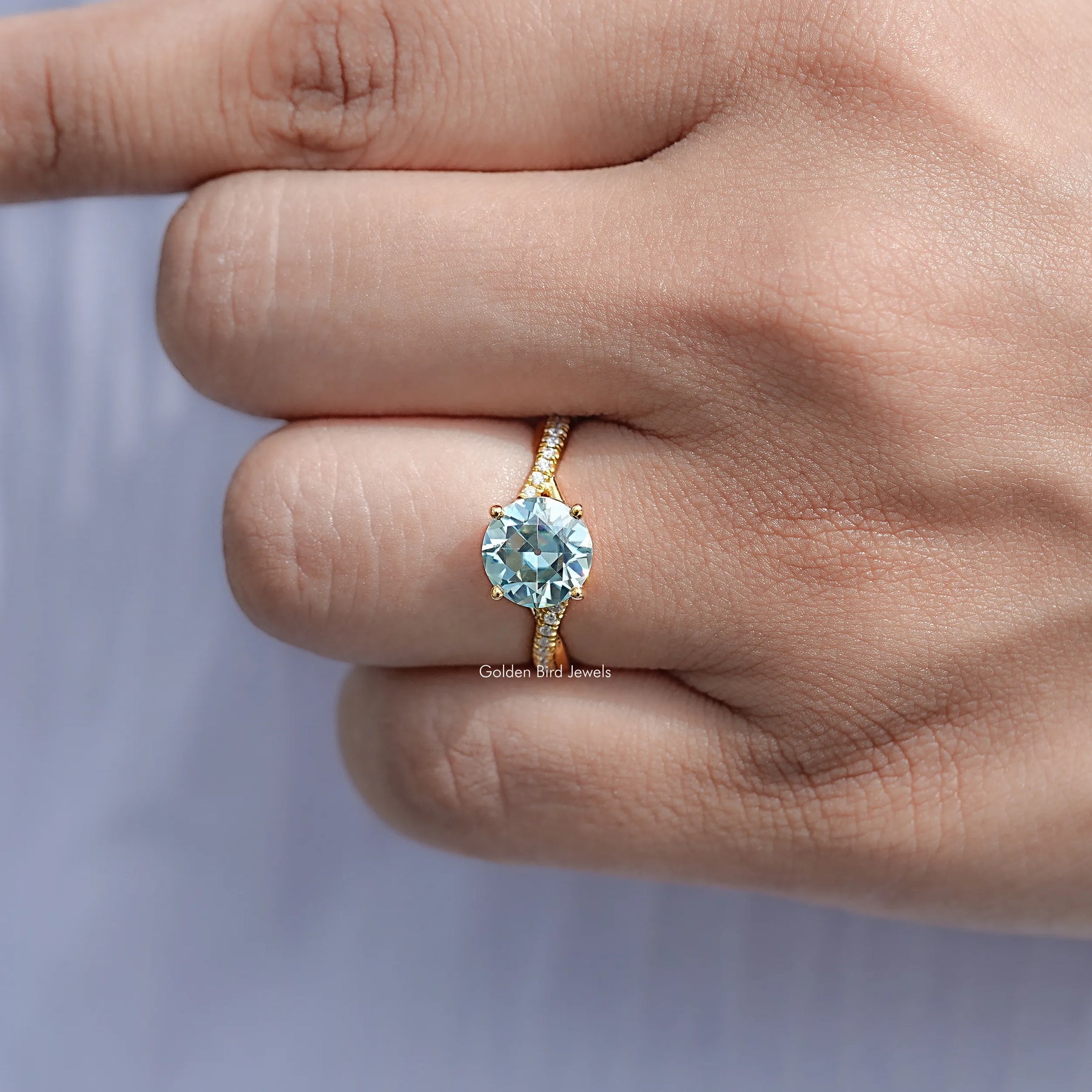 Cyan Blue Old European Round Moissanite Ring