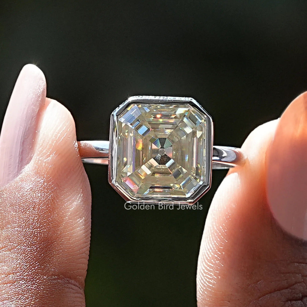 Old Mine Asscher Cut Moissanite Bezel Set Ring