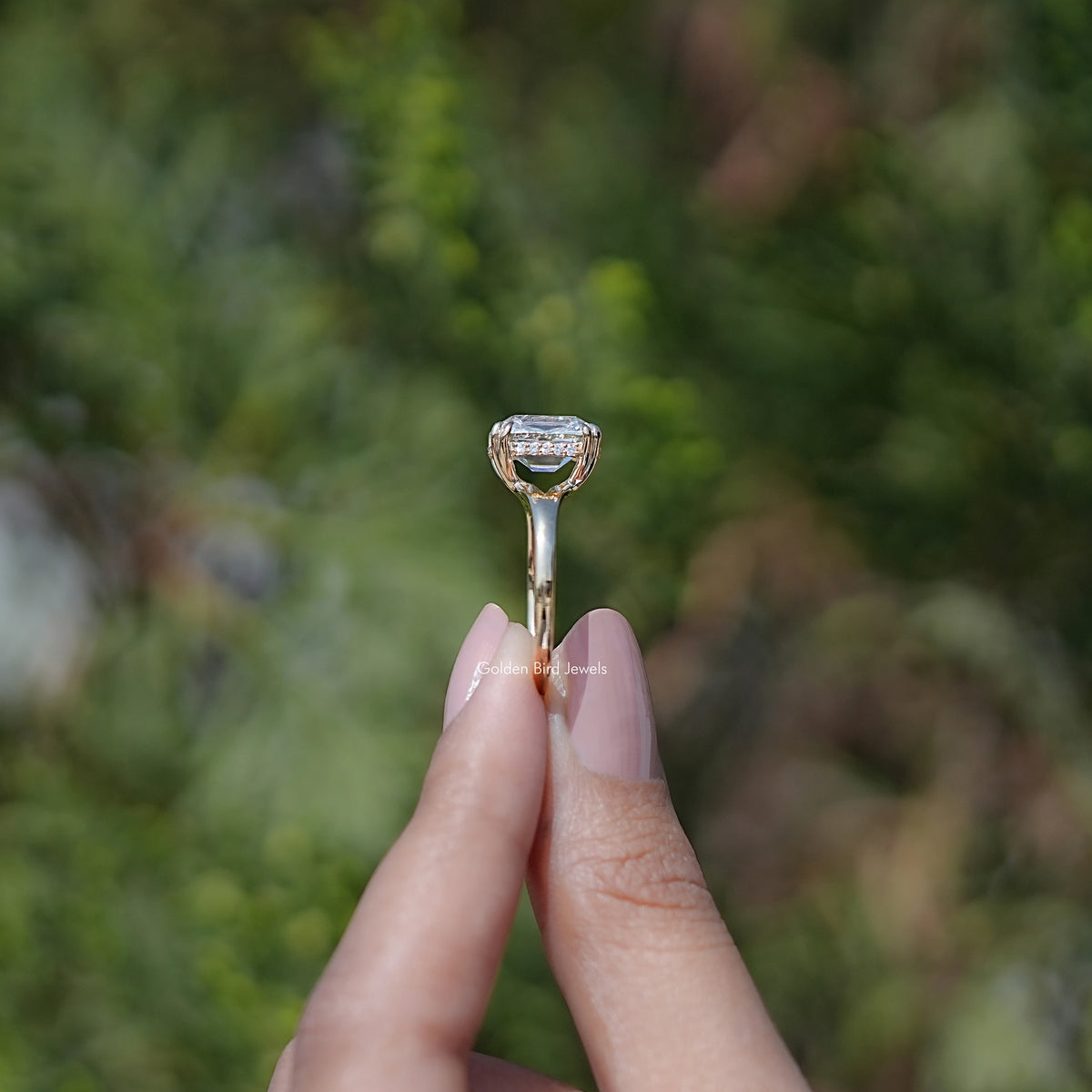 Side View of Old Mine Cushion Cut Lab Diamond Split Shank Ring