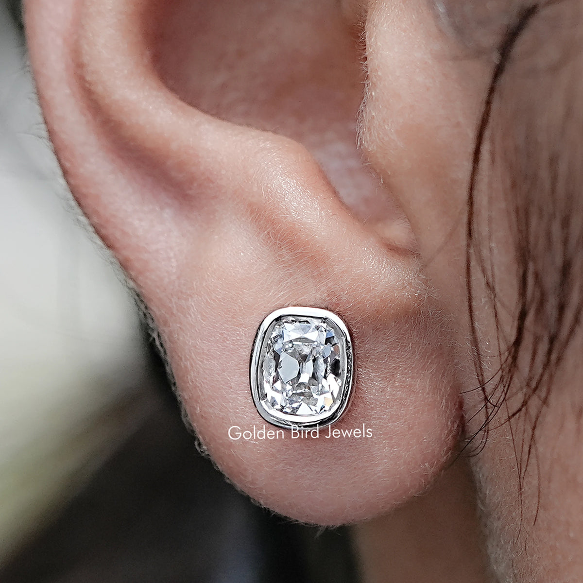 Close up view of Old Mine Cushion Lab Diamond Stud Earrings