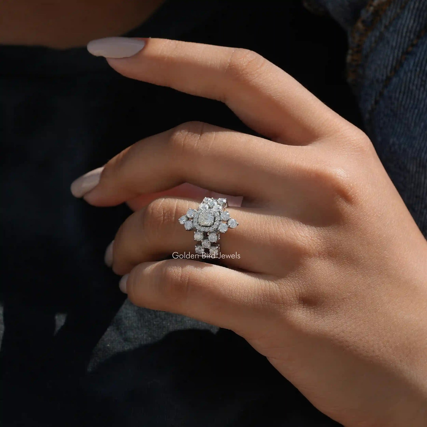 View of Old Mine Cushion Cut Moissanite Ring In Finger