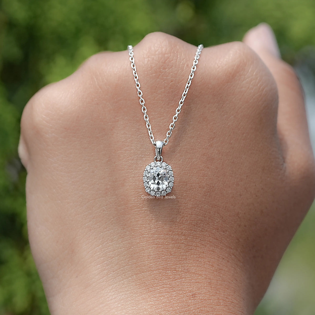 Front View of Cushion Cut Old Mine Halo Diamond Pendant in White Gold