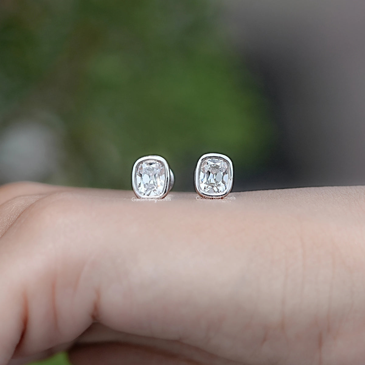 Front view of Old Mine Cushion Diamond Stud Earrings