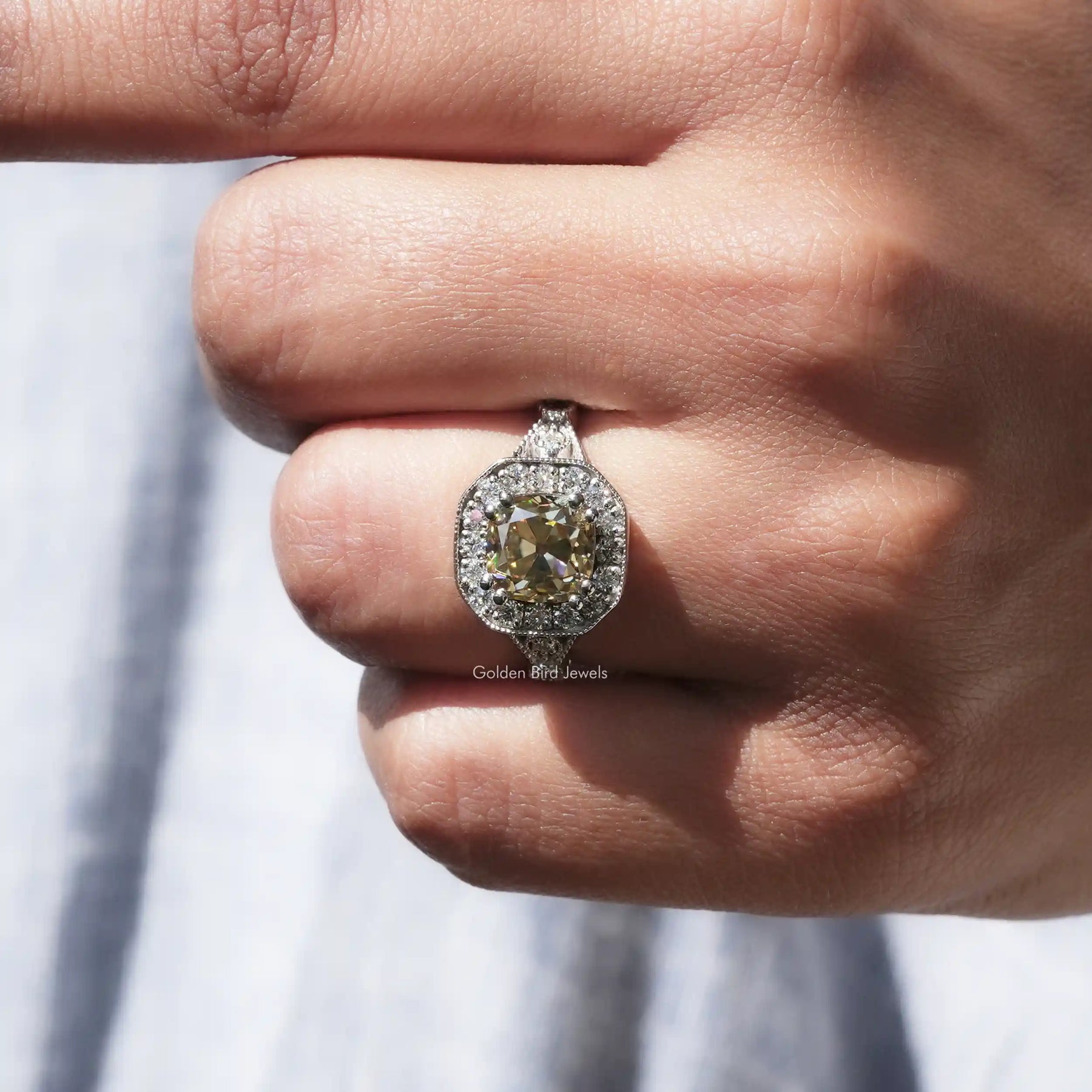Yellow Old Mine Cushion Moissanite Halo Accent Ring