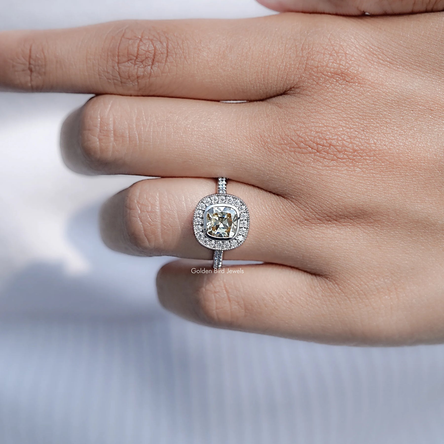 Moissanite Old Mine Cushion Halo Engagement Ring