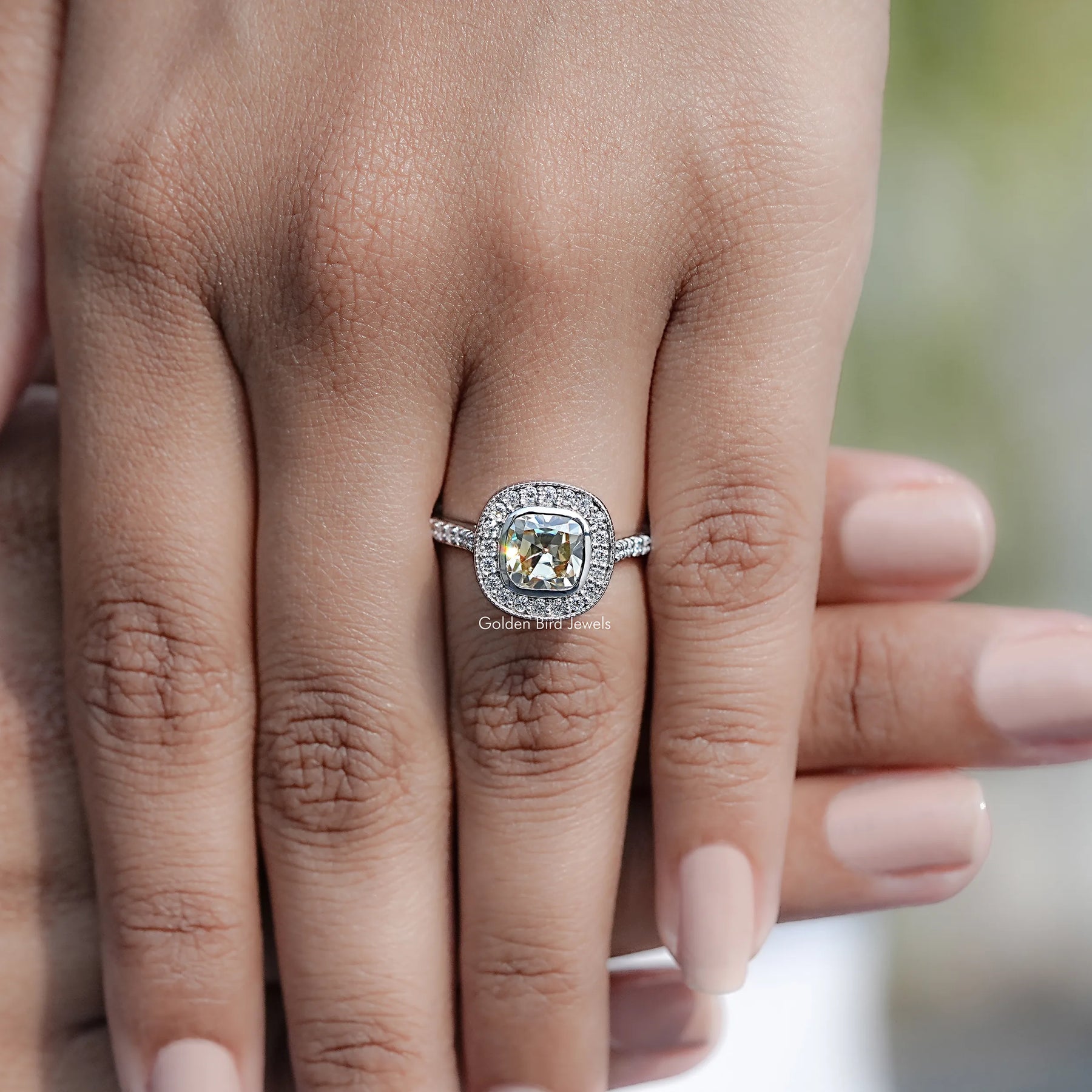 Moissanite Old Mine Cushion Halo Engagement Ring