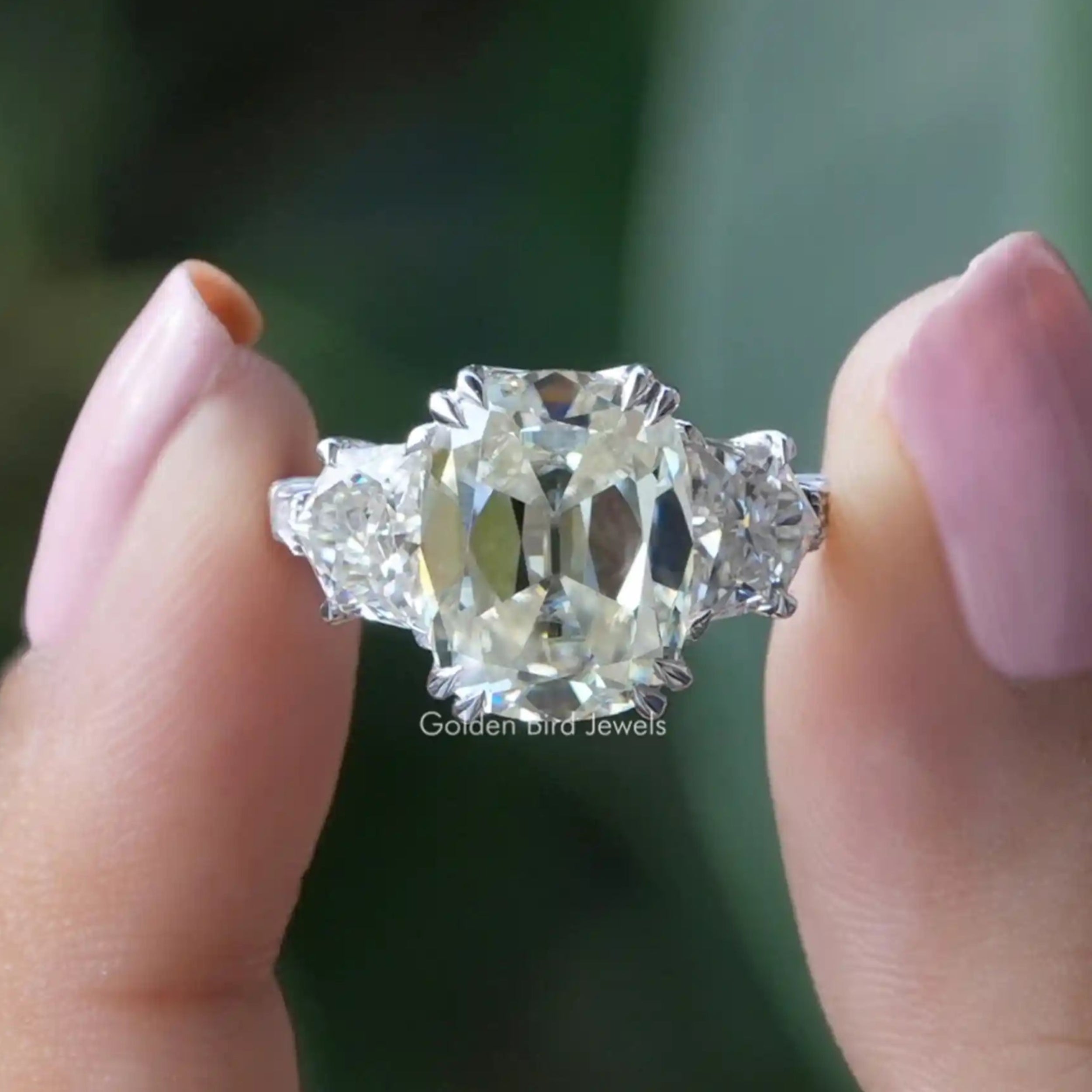 Old Mine Cushion Three Stone Ring