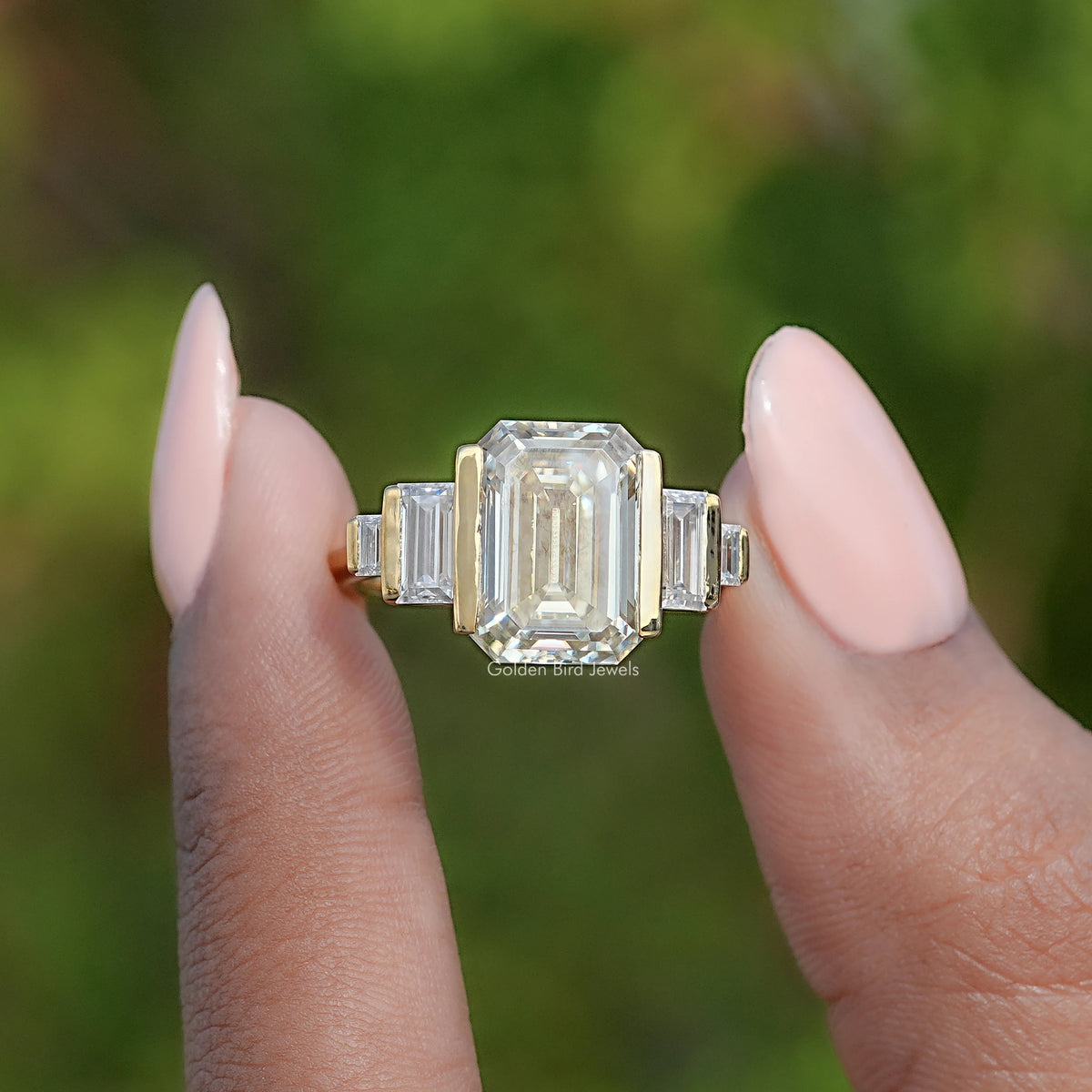 Old Mine Emerald Moissanite Five Stone Ring