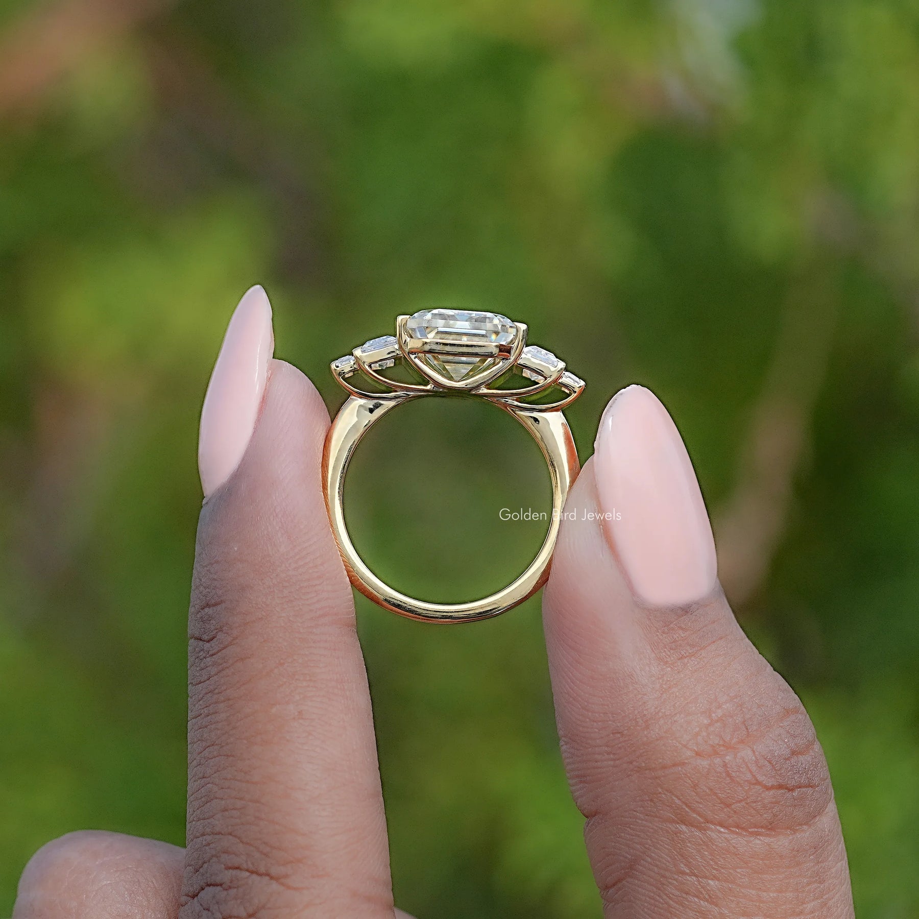 Old Mine Emerald Moissanite Five Stone Ring