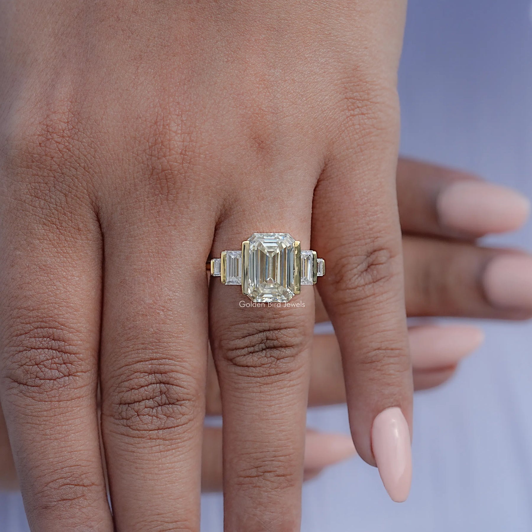 Old Mine Emerald Moissanite Five Stone Ring