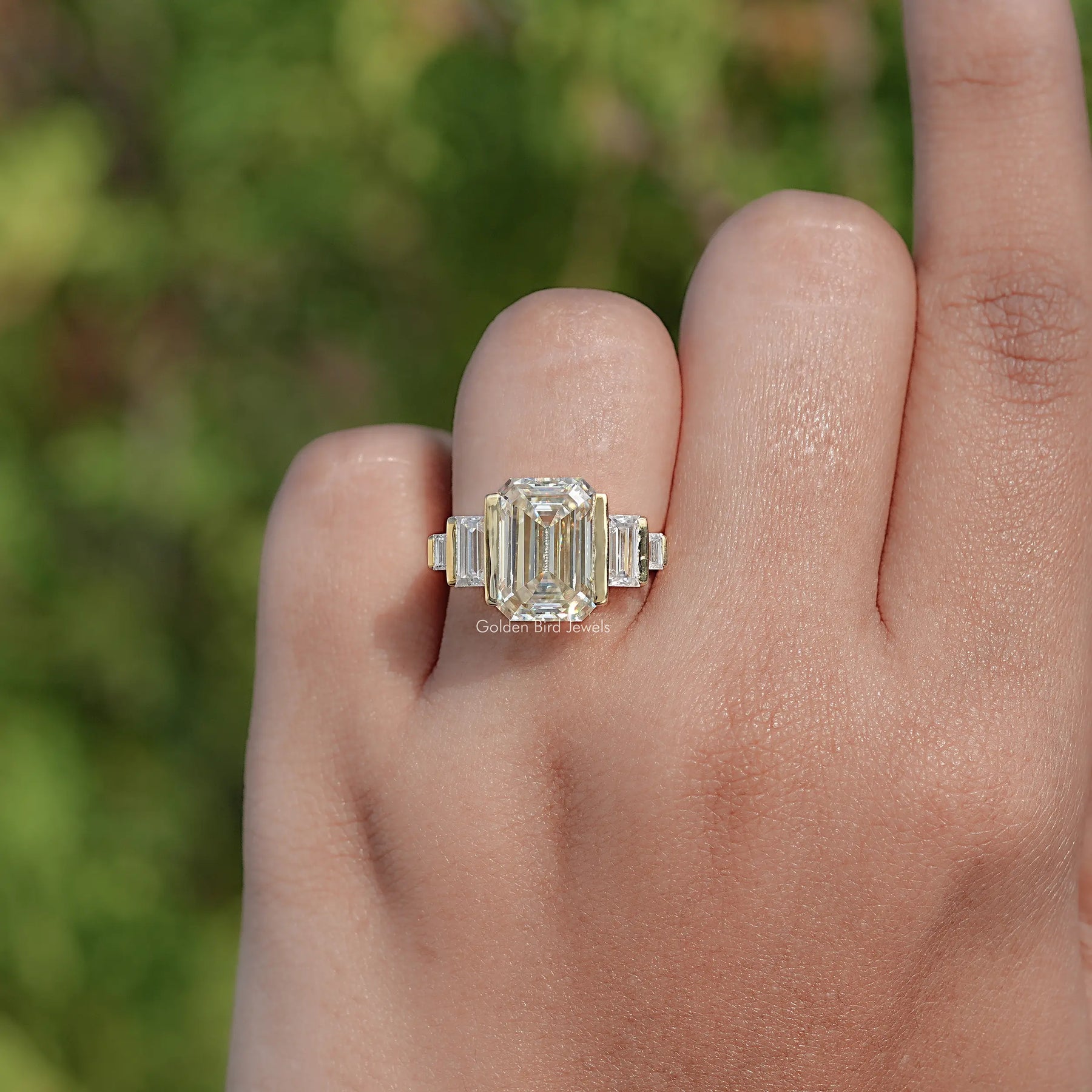 Old Mine Emerald Moissanite Five Stone Ring