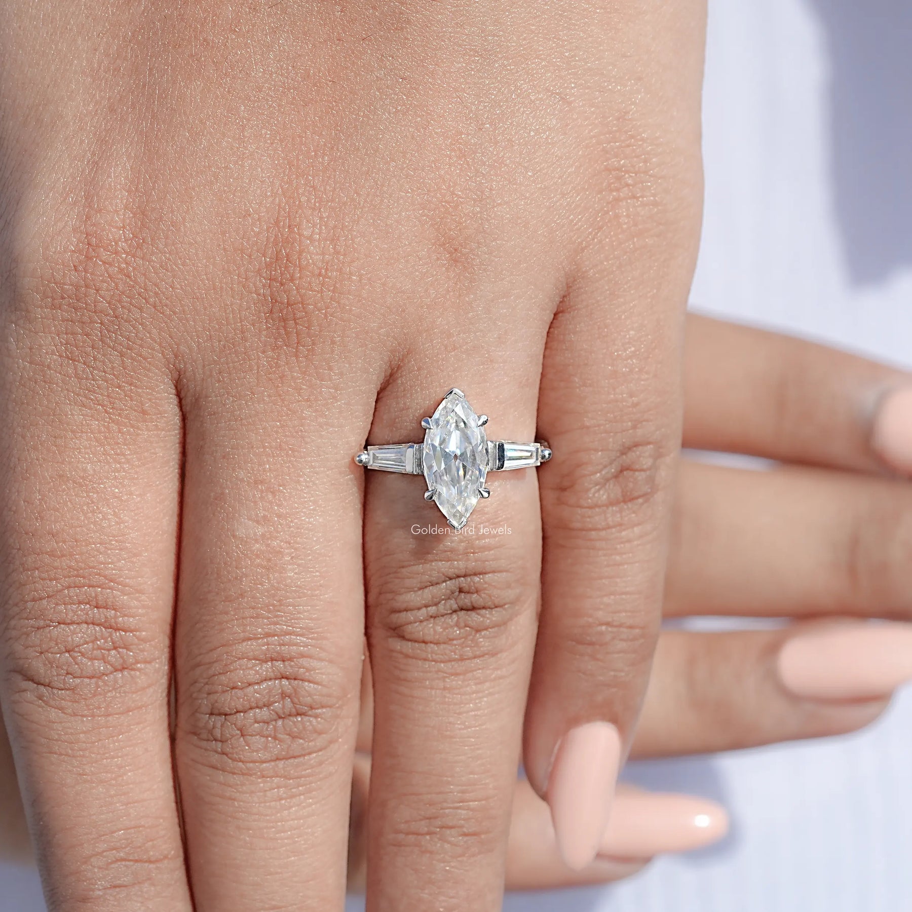 Three Stone Old Mine Marquise Moissanite Ring