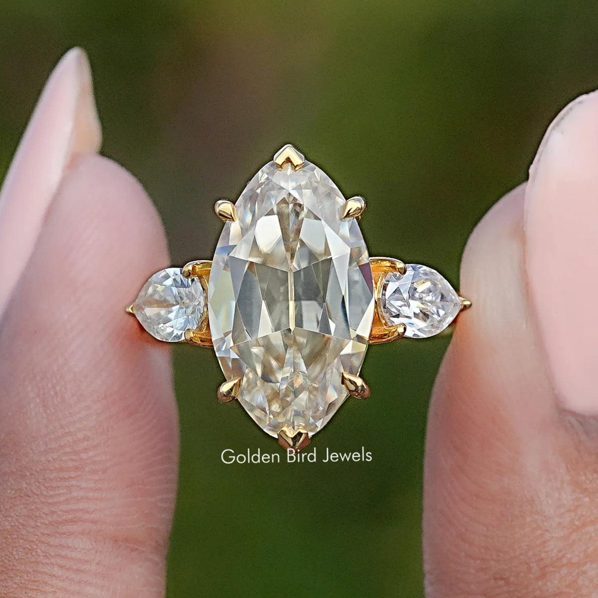 Old Mine Moval And Pear Moissanite Three Stone Ring