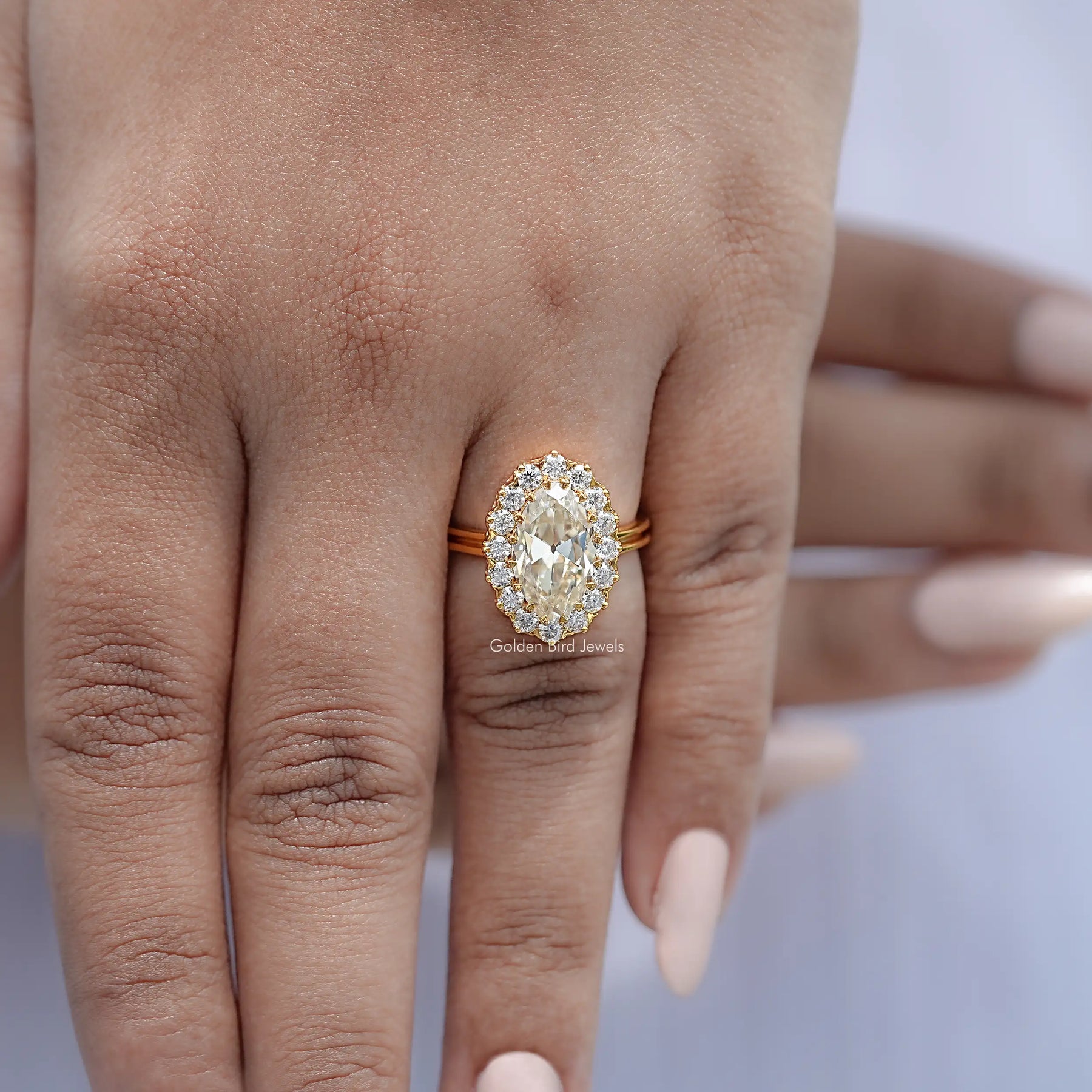 Old Mine Moval Moissanite Halo Engagement Ring