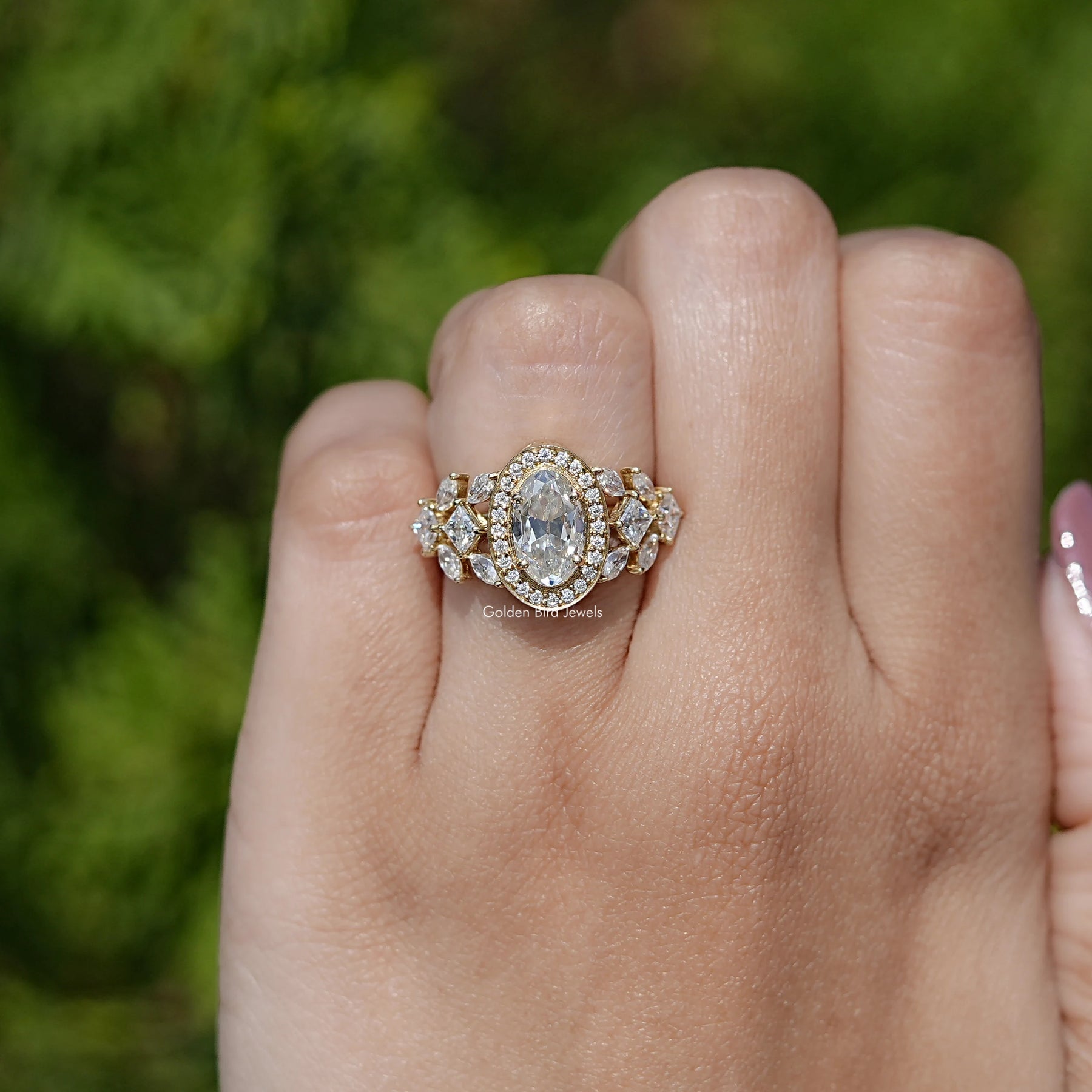 View of Old Mine Moval Cut Moissanite Ring In Finger