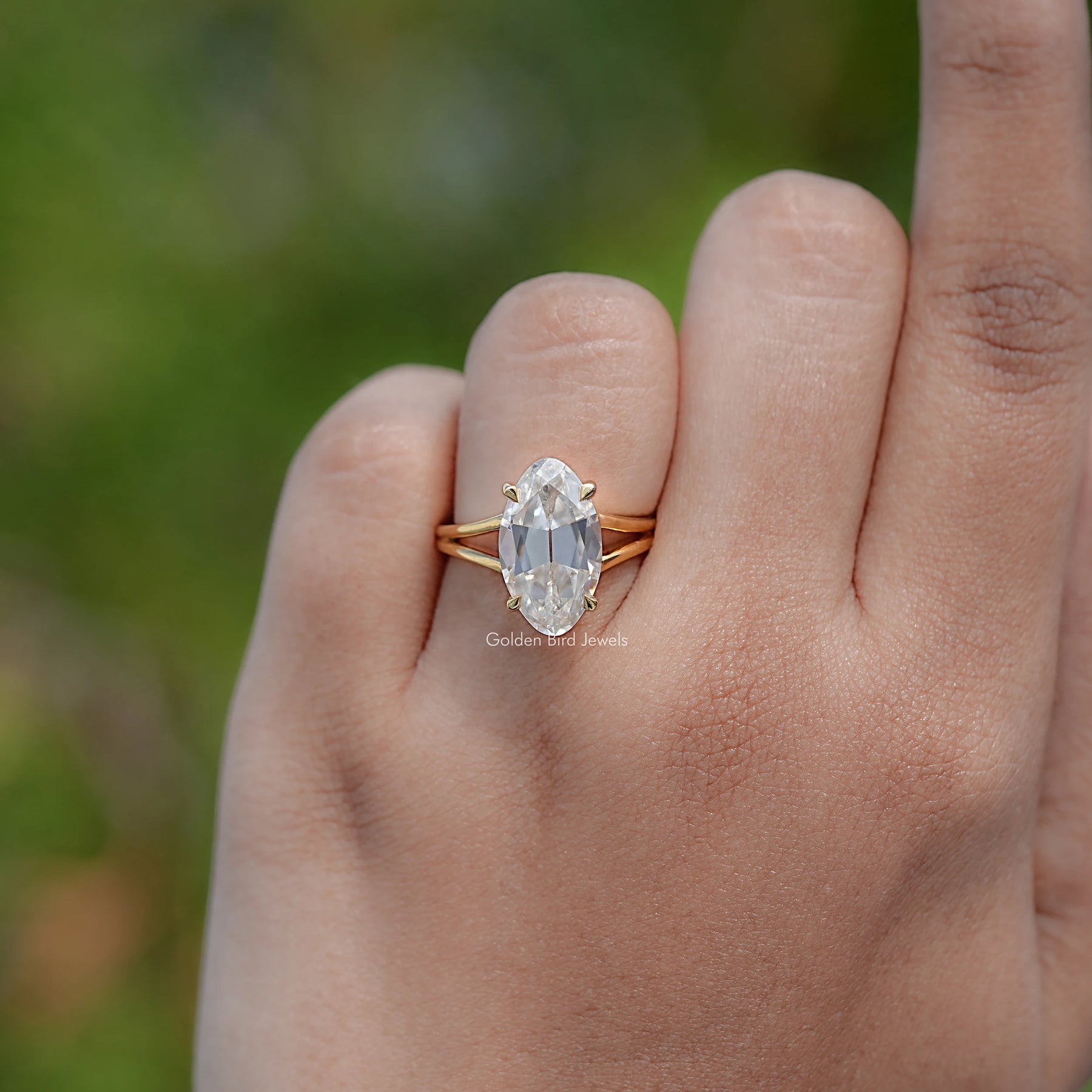 Old Mine Moval Moissanite Split Shank Solitaire Ring