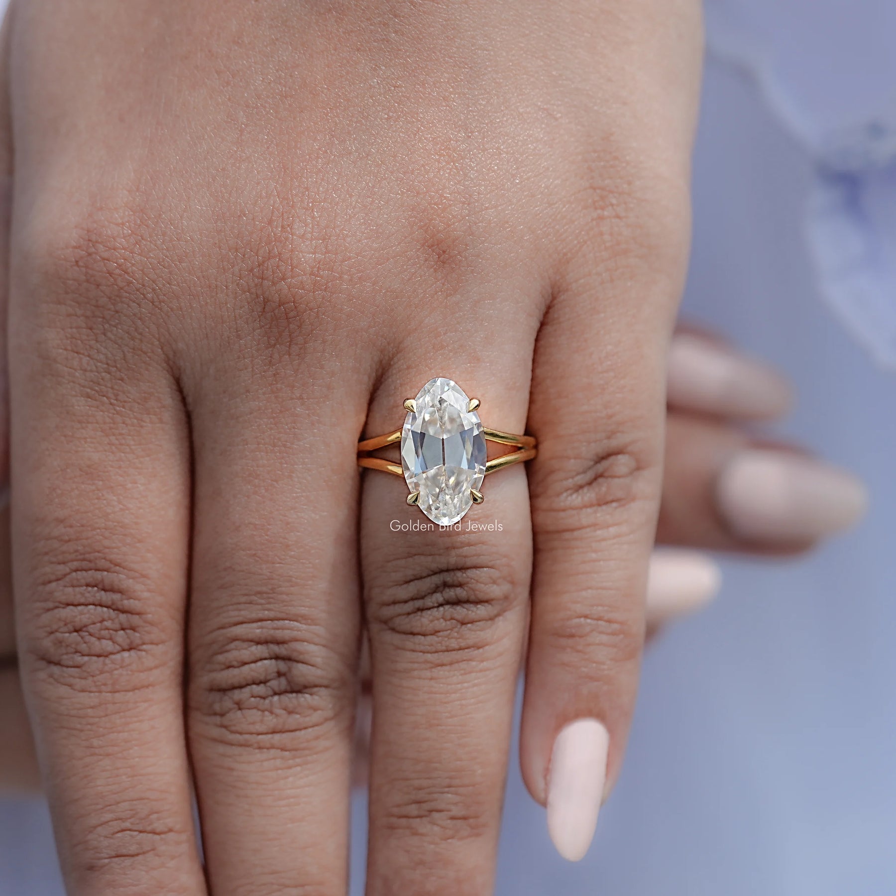 Old Mine Moval Moissanite Split Shank Solitaire Ring