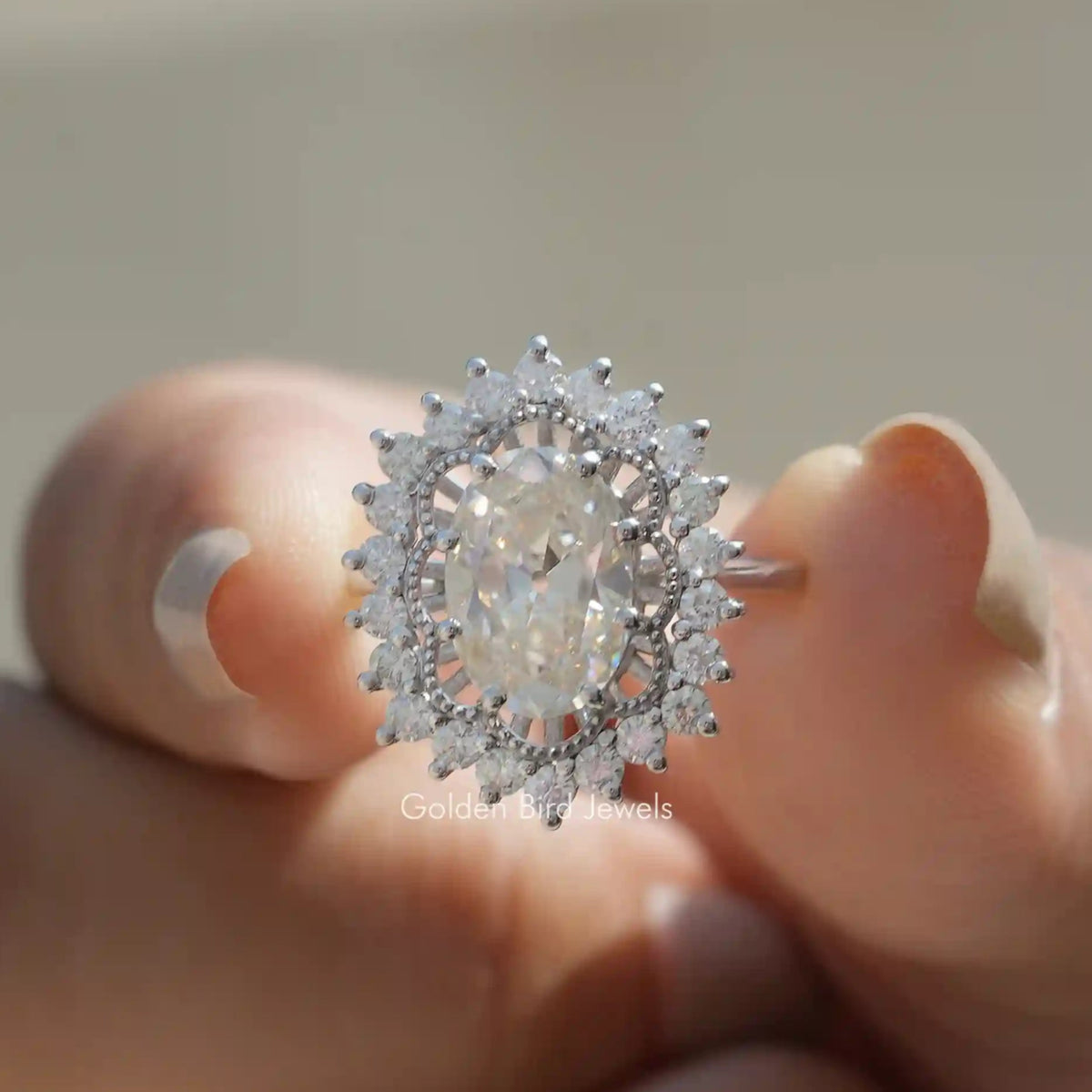 Old Mine Oval Cut Moissanite Halo Ring