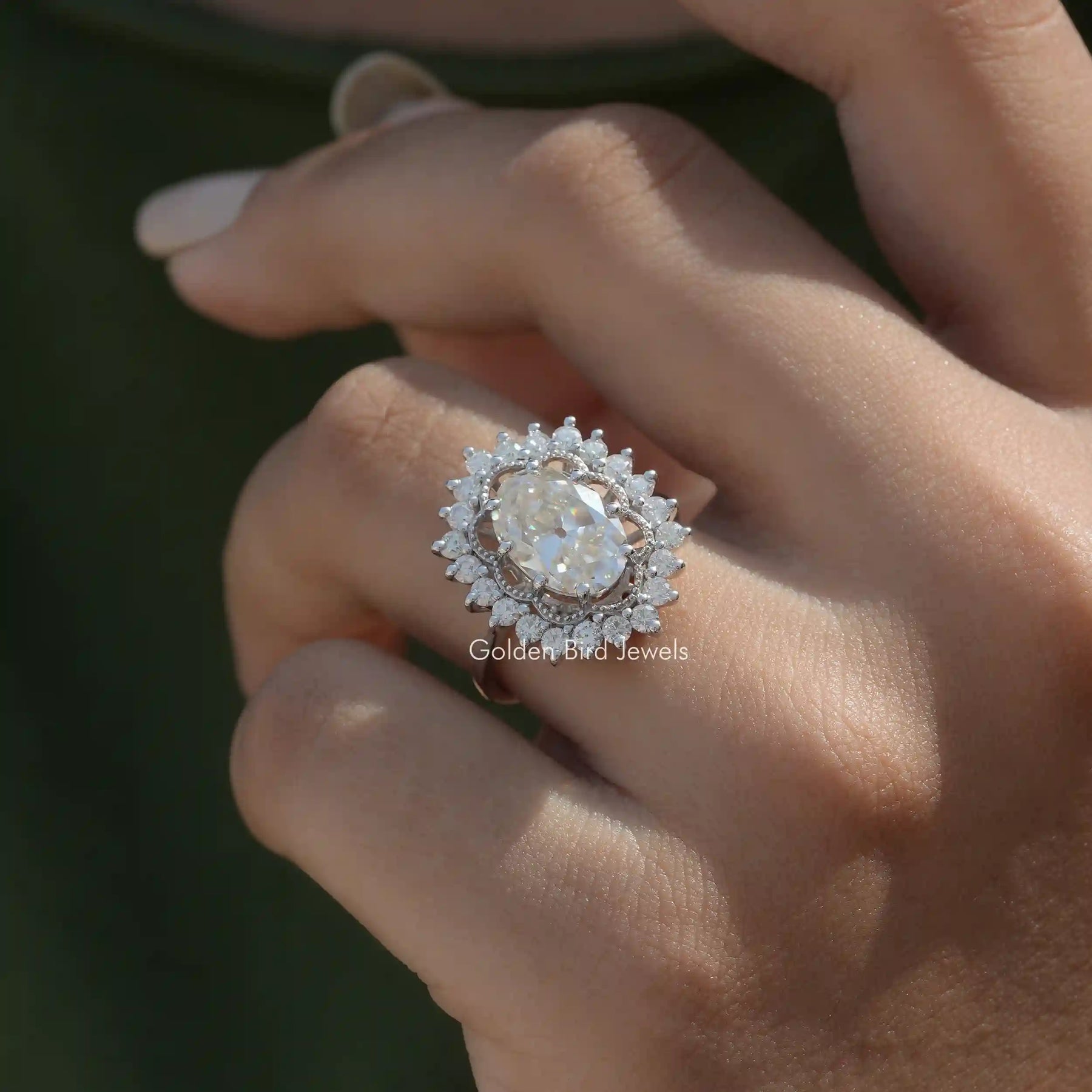 Old Mine Oval Cut Moissanite Halo Ring