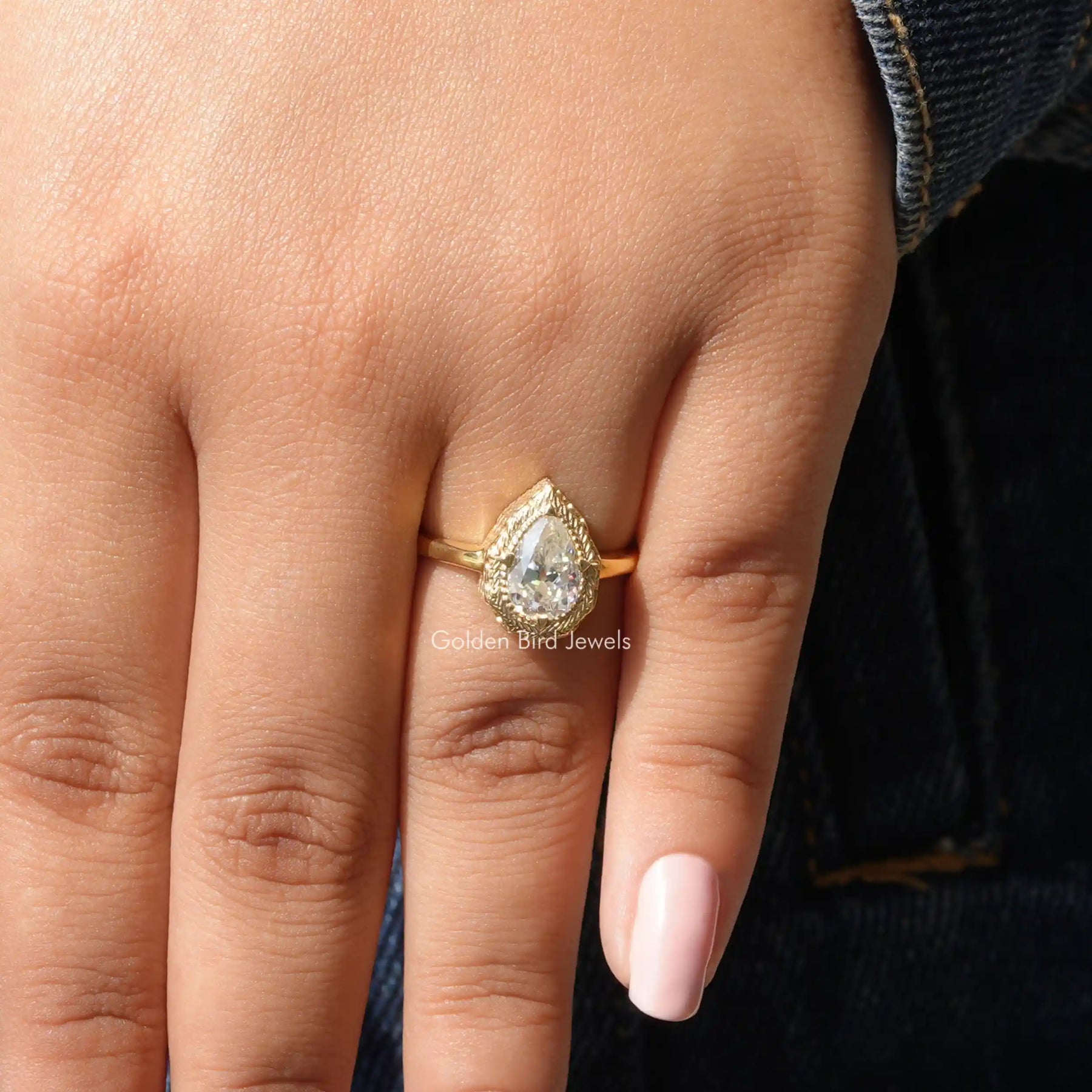 Old Mine Pear Shaped Moissanite Solitaire Ring