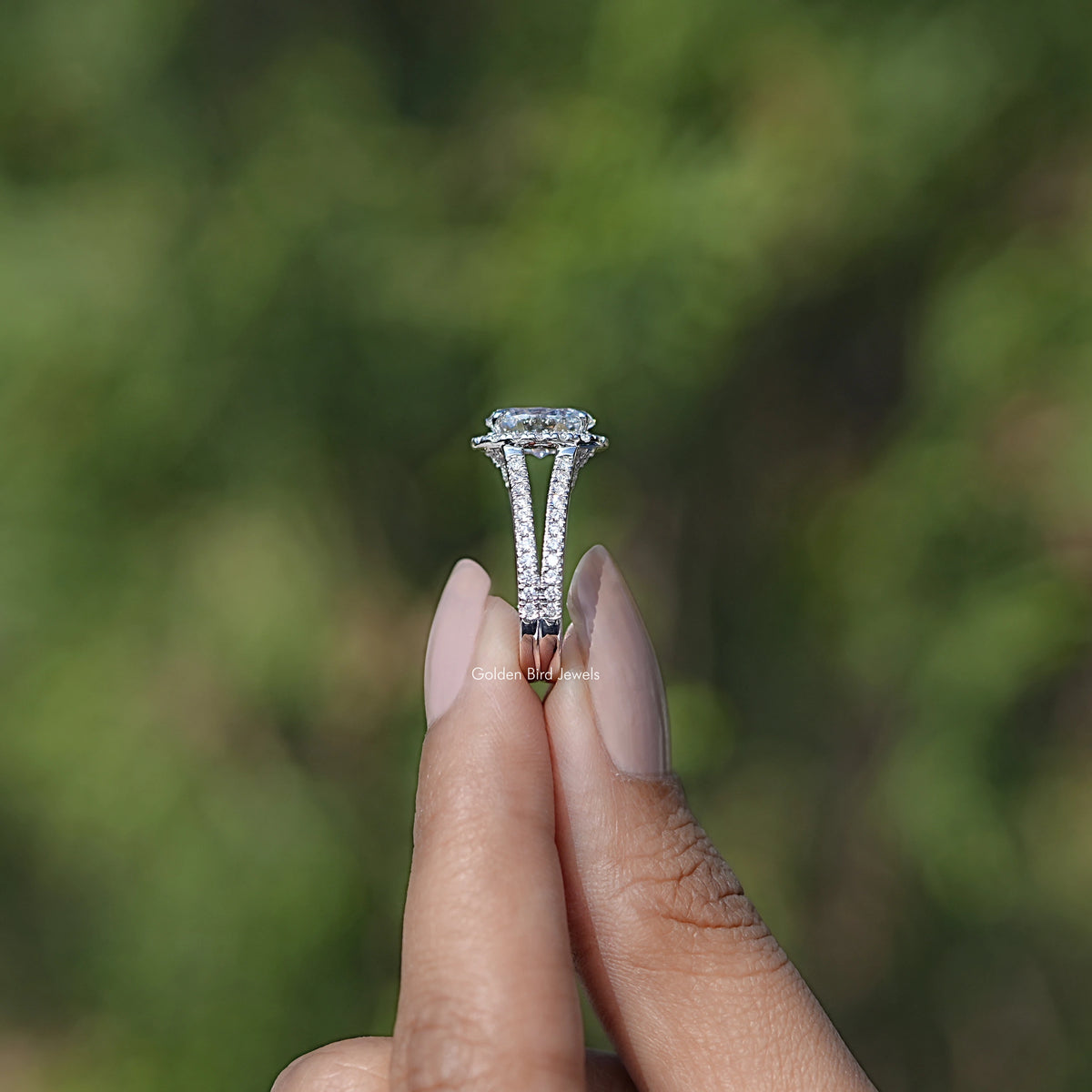 Side View of Engagement ring crafted With Oval Cut Halo Diamond