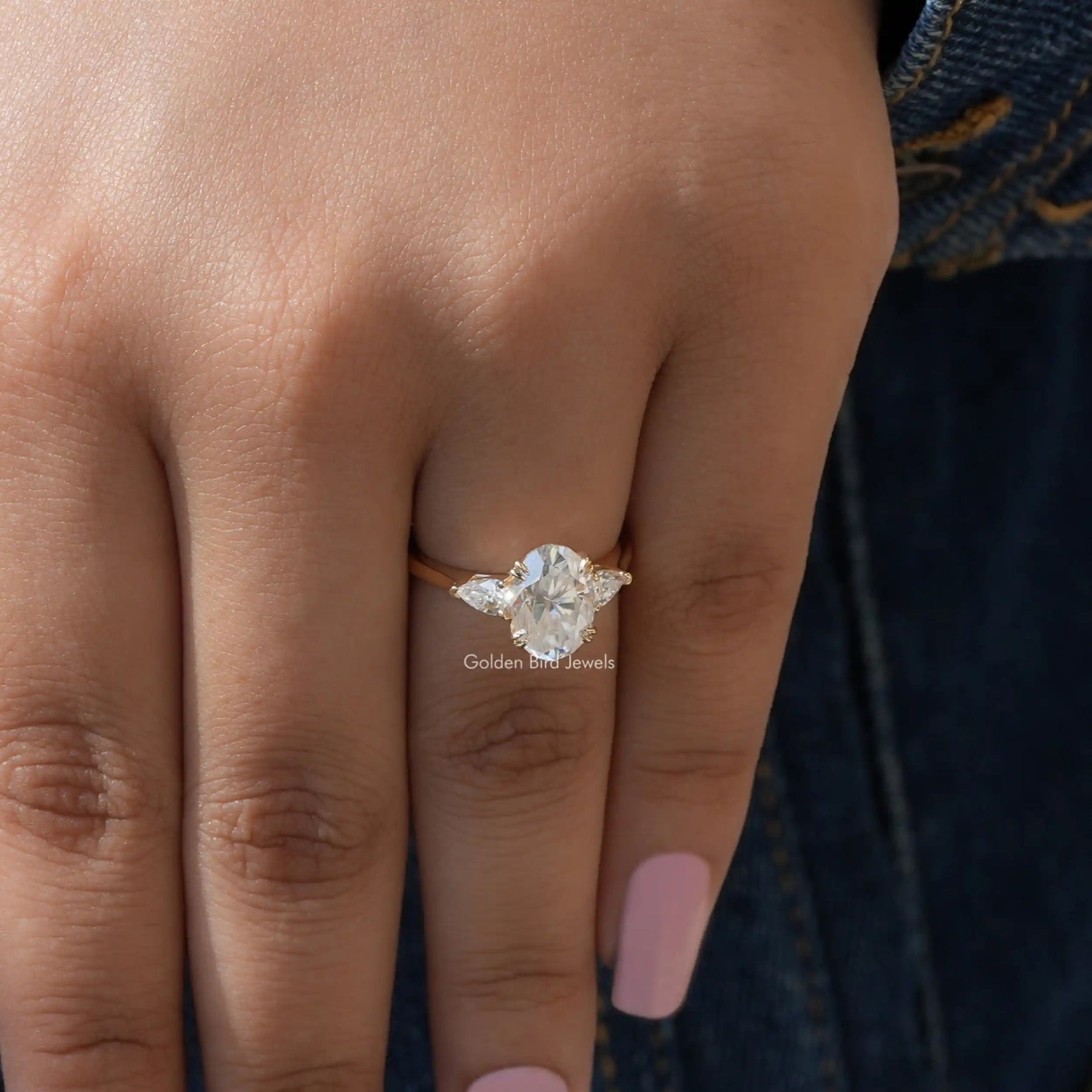 Oval And Pear Cut Moissanite 3 Stone Engagement Ring