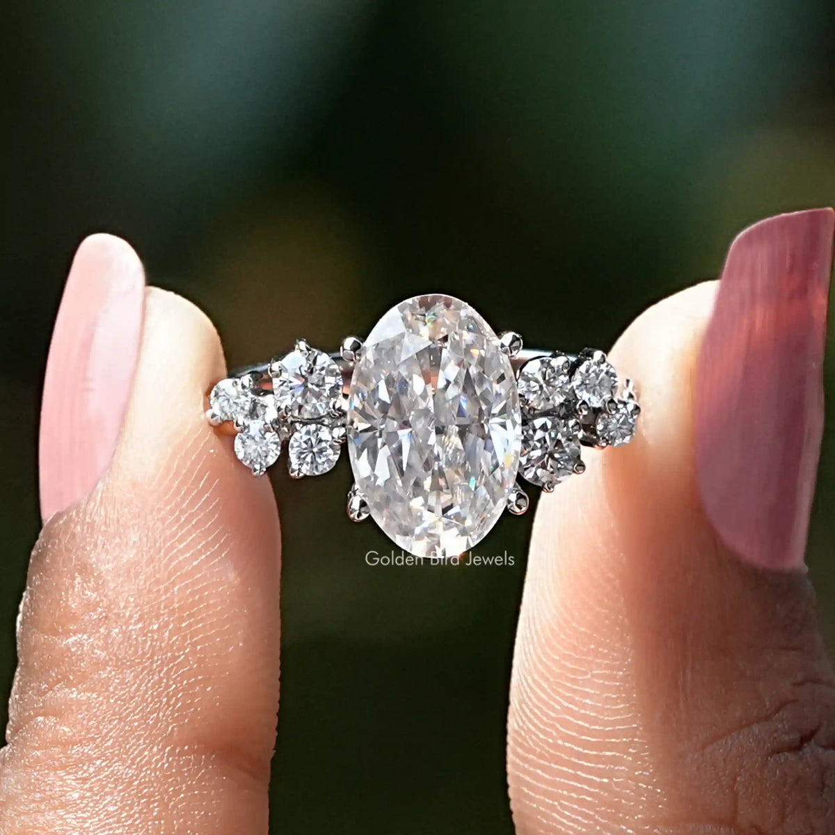 Front view of oval cut moissanite engagement ring