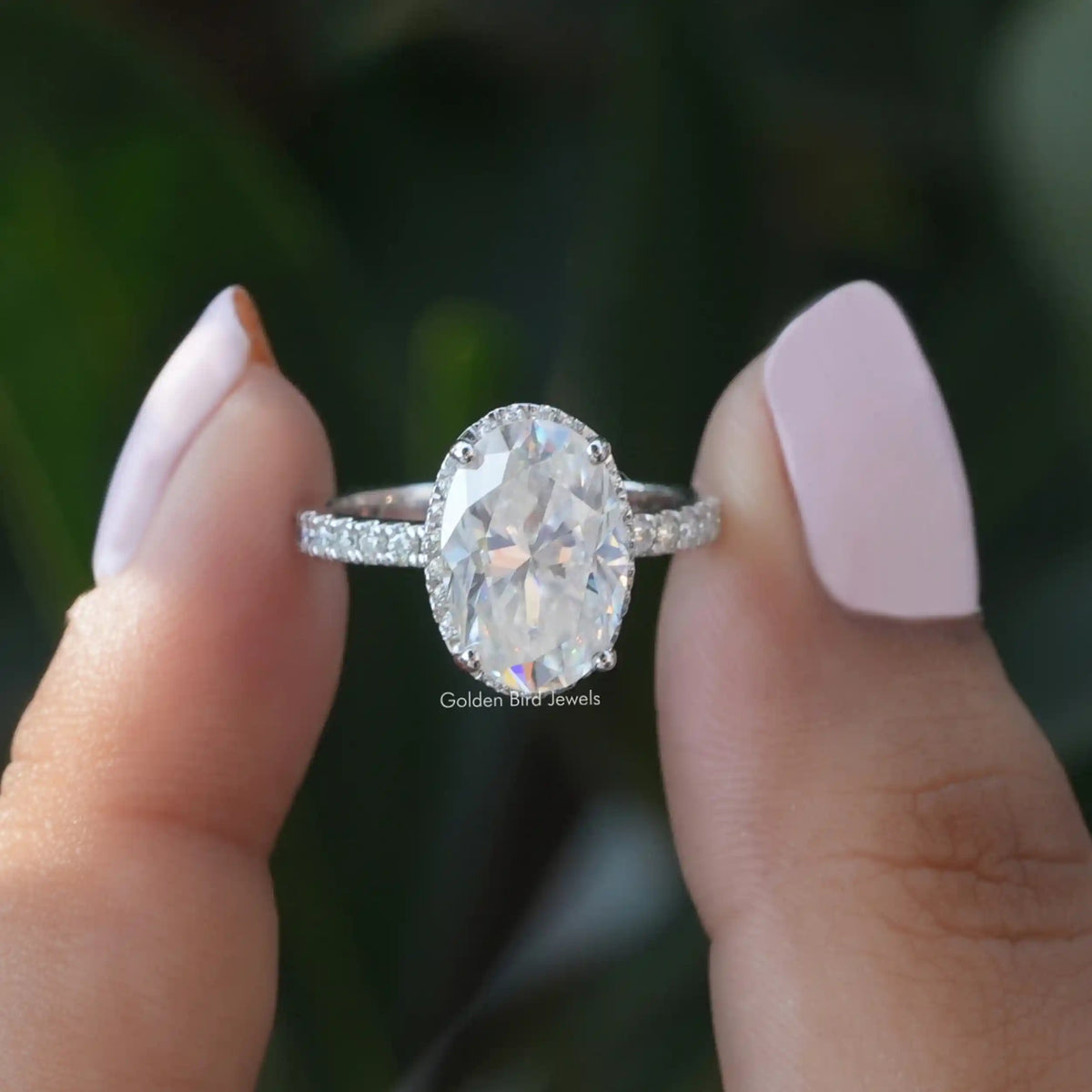 [Oval cut eternity halo engagement ring]-[Golden Bird Jewels]