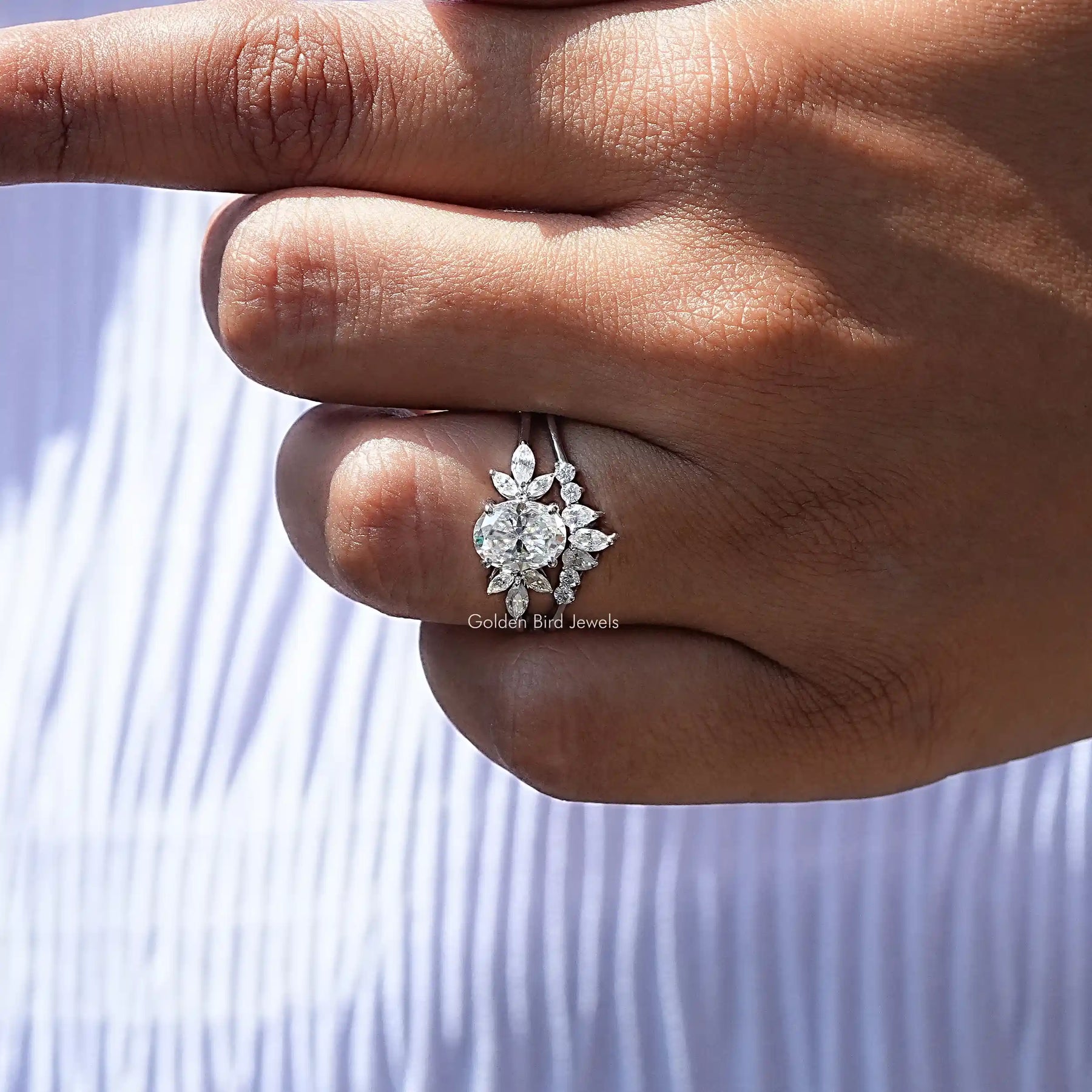 Detailed View Of Oval And Marquise Cut Moissanite Ring In White Gold