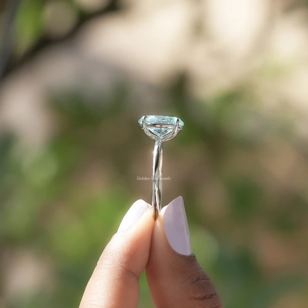 Blue Oval Cut Moissanite Solitaire Ring