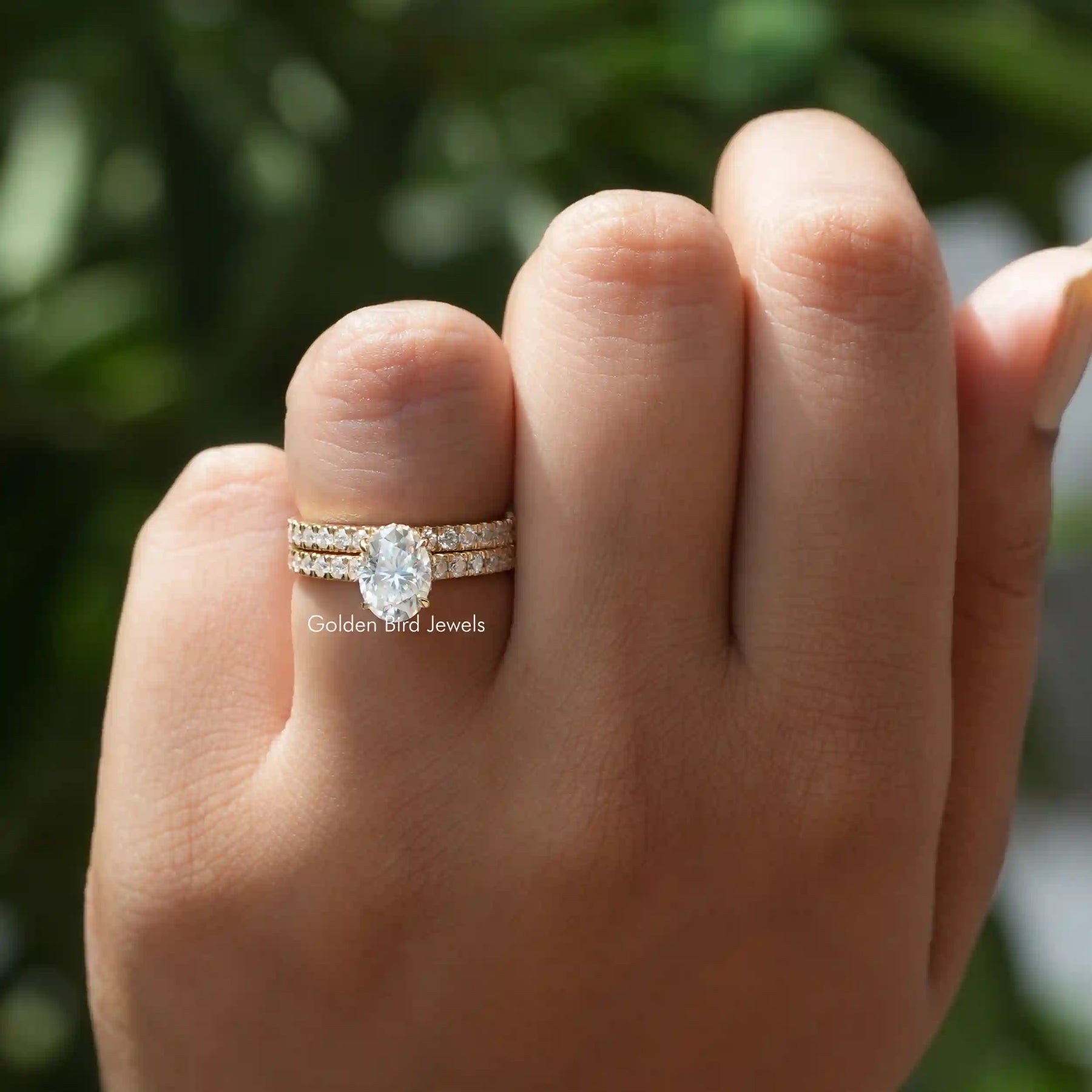 [Oval cut moissanite hidden halo ring with matching wedding band set]-[Golden Bird Jewels]