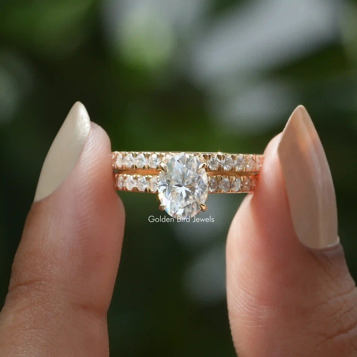 [Moissanite oval cut moissanite engagement ring set]-[Golden Bird Jewels]