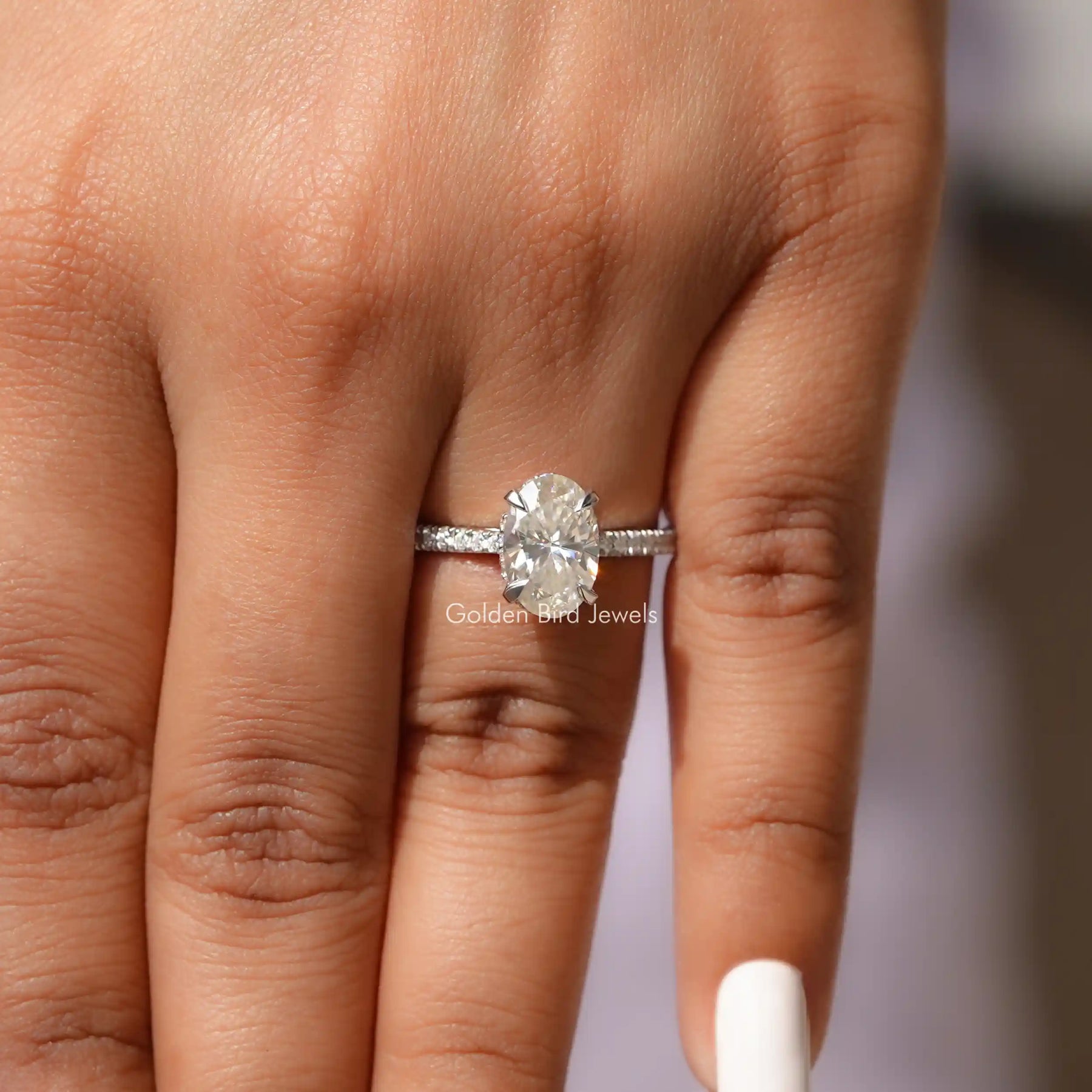 View of Oval Cut Moissanite Ring In White Gold