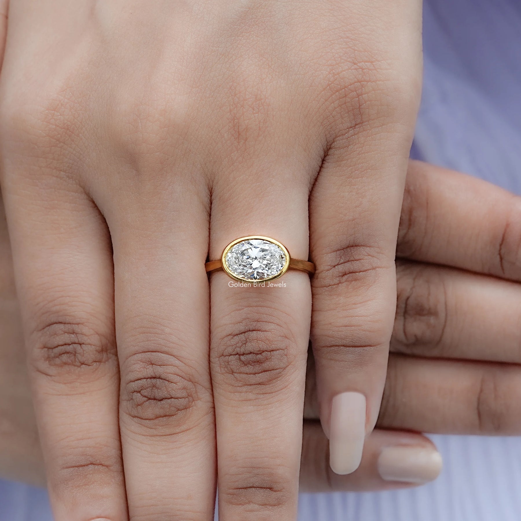 East West Oval Cut Lab Diamond Bezel Set Ring