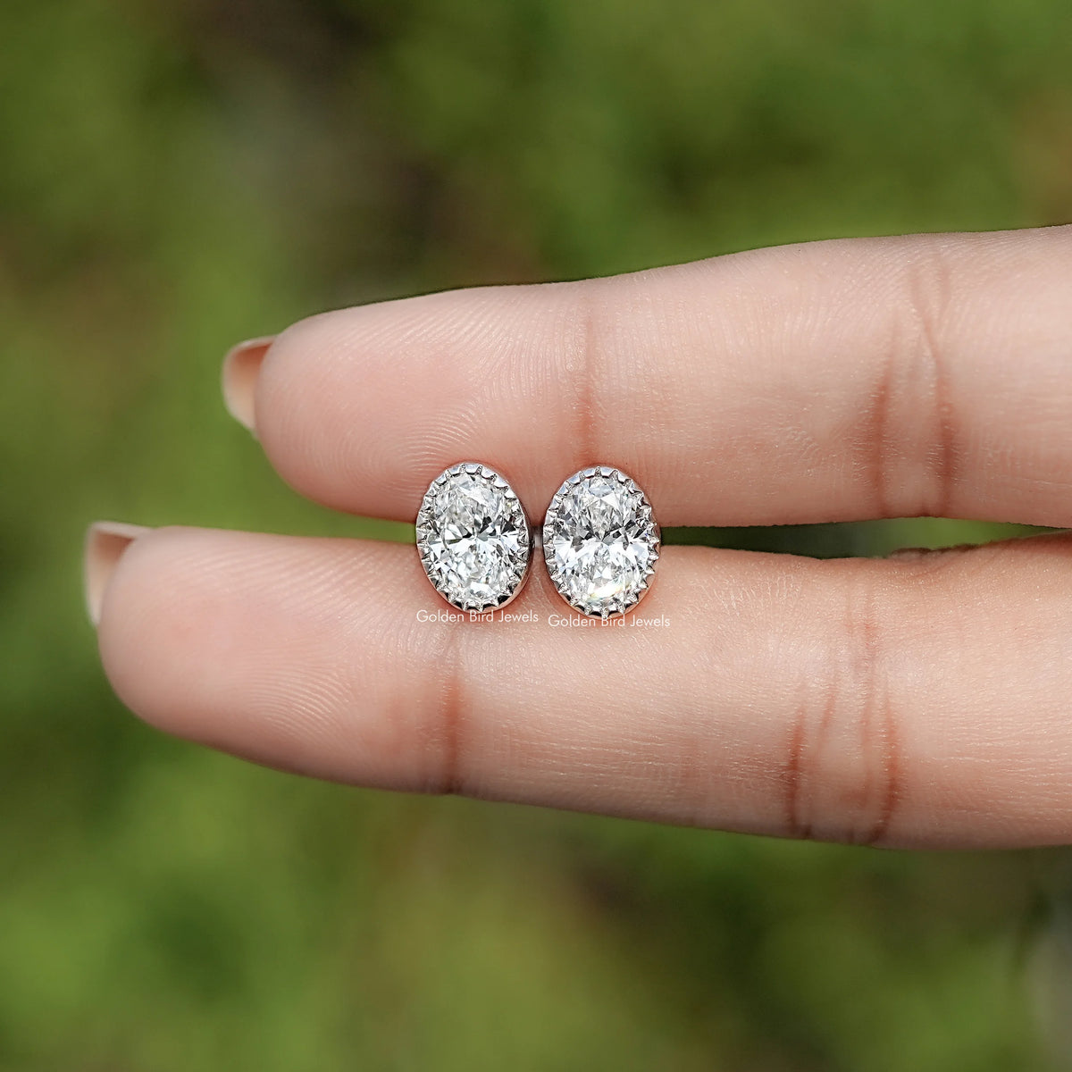 Oval Shaped Lab Diamond Milgrain Bezel Studs