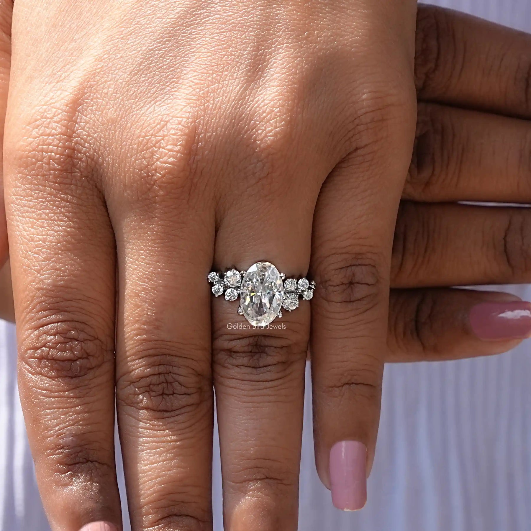 In finger view of moissanite ring in oval shape